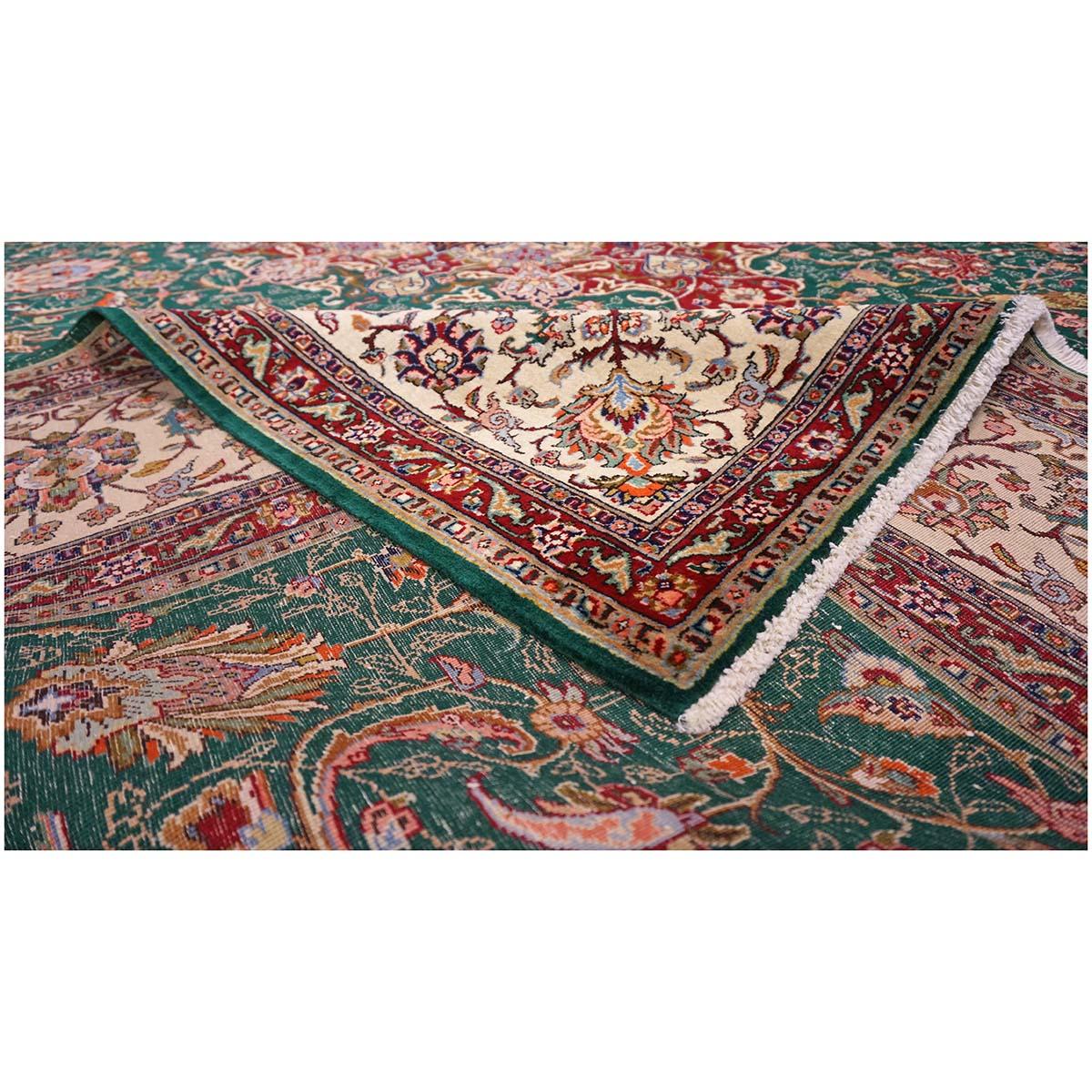 Antique Persian Tabriz 9x12 Green, Red, & Ivory Handmade Area Rug For Sale 4