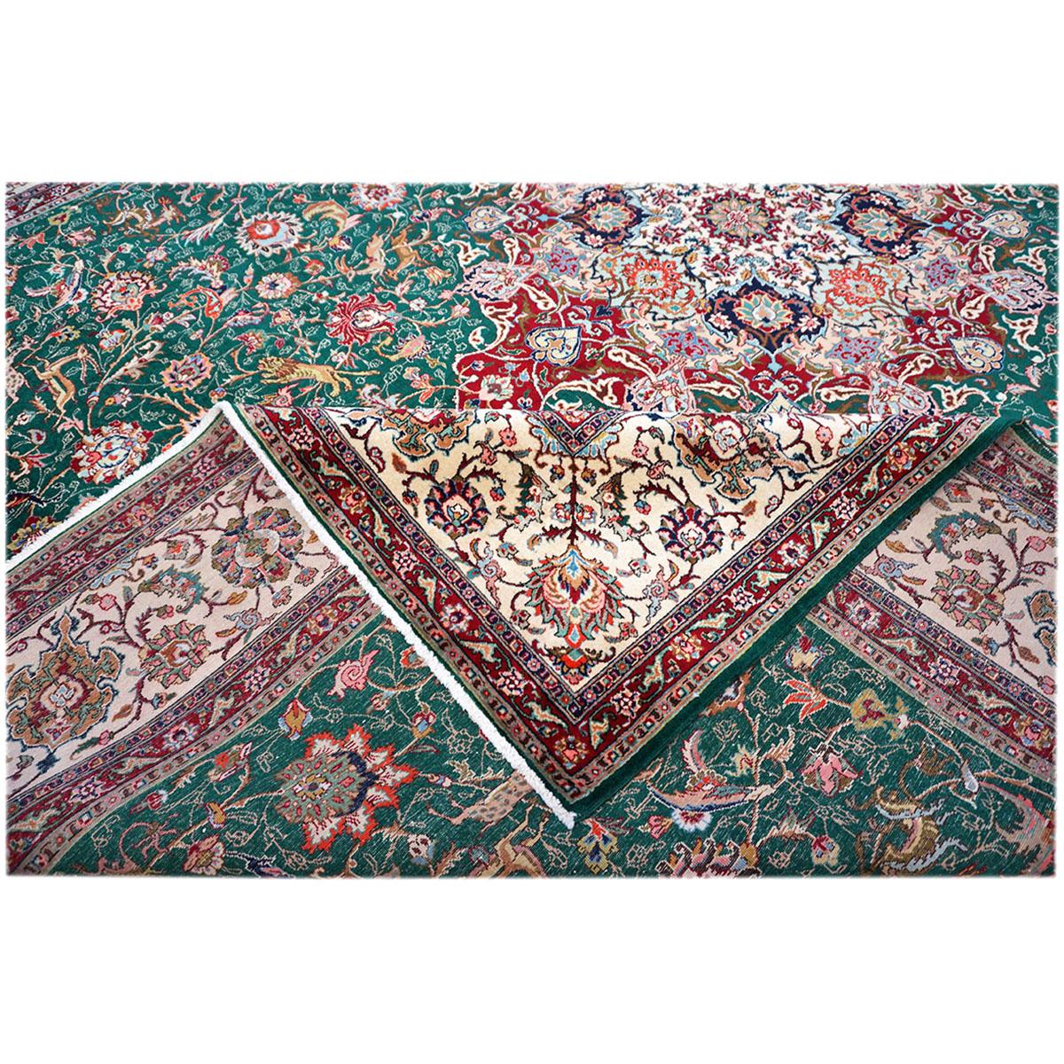 Antique Persian Tabriz 9x12 Green, Red, & Ivory Handmade Area Rug For Sale 6