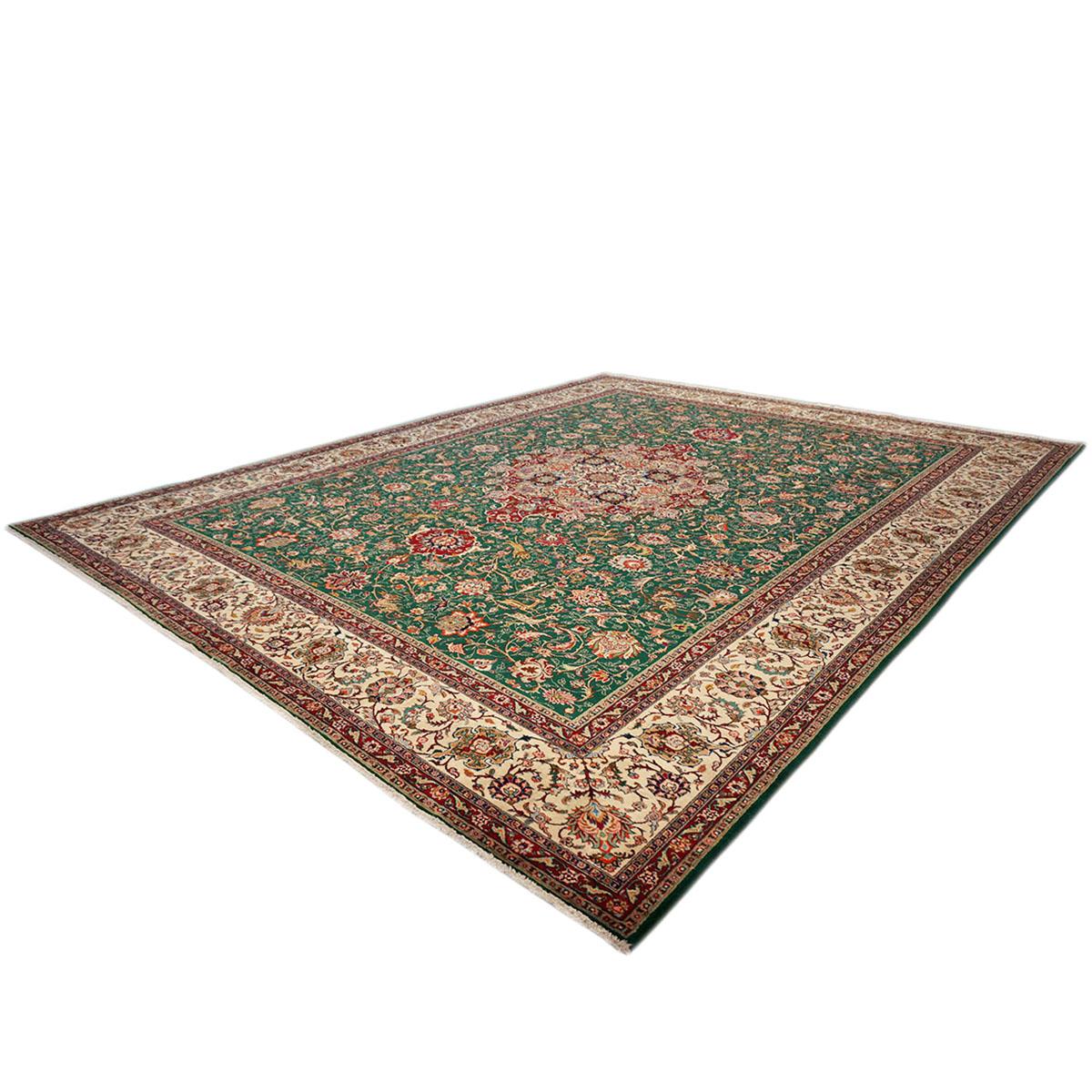 Antique Persian Tabriz 9x12 Green, Red, & Ivory Handmade Area Rug In Good Condition For Sale In Houston, TX