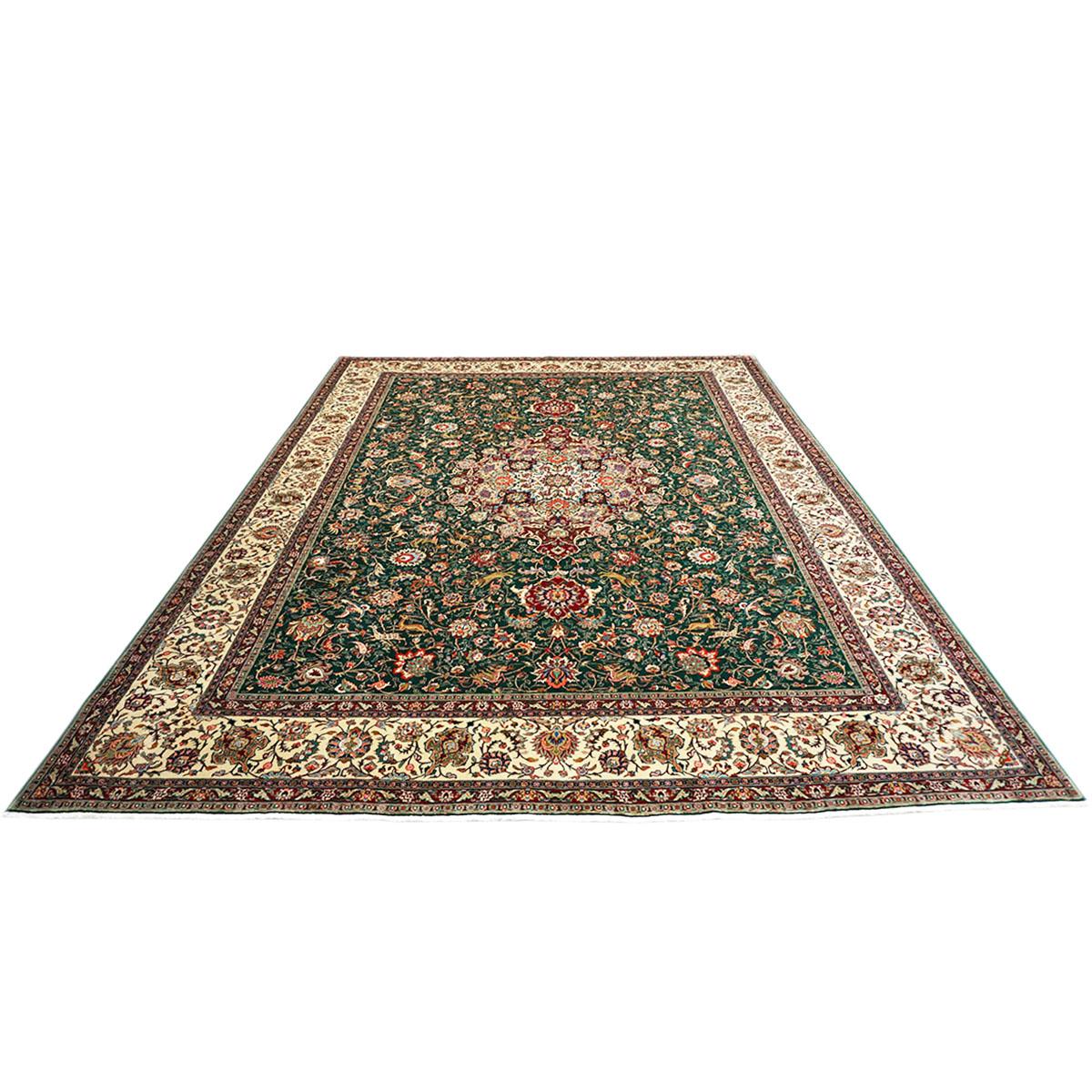 Antique Persian Tabriz 9x12 Green, Red, & Ivory Handmade Area Rug In Good Condition For Sale In Houston, TX