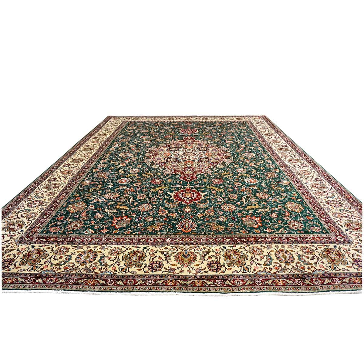Tapis persan ancien de Tabriz 9x12 vert, rouge et ivoire fait à la main Bon état - En vente à Houston, TX