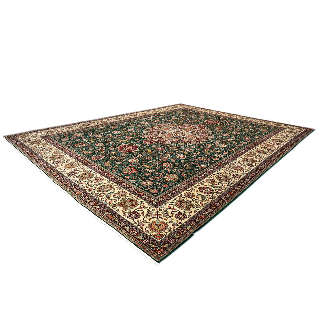Antique Persian Tabriz 9x12 Green, Red, & Ivory Handmade Area Rug For Sale 1