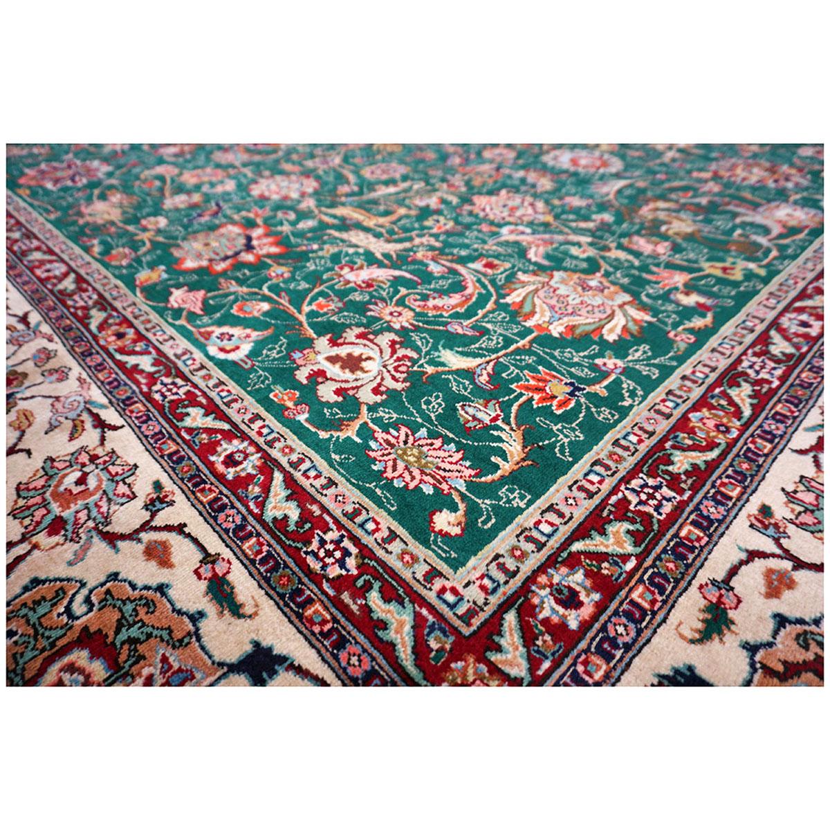 Antique Persian Tabriz 9x12 Green, Red, & Ivory Handmade Area Rug For Sale 2
