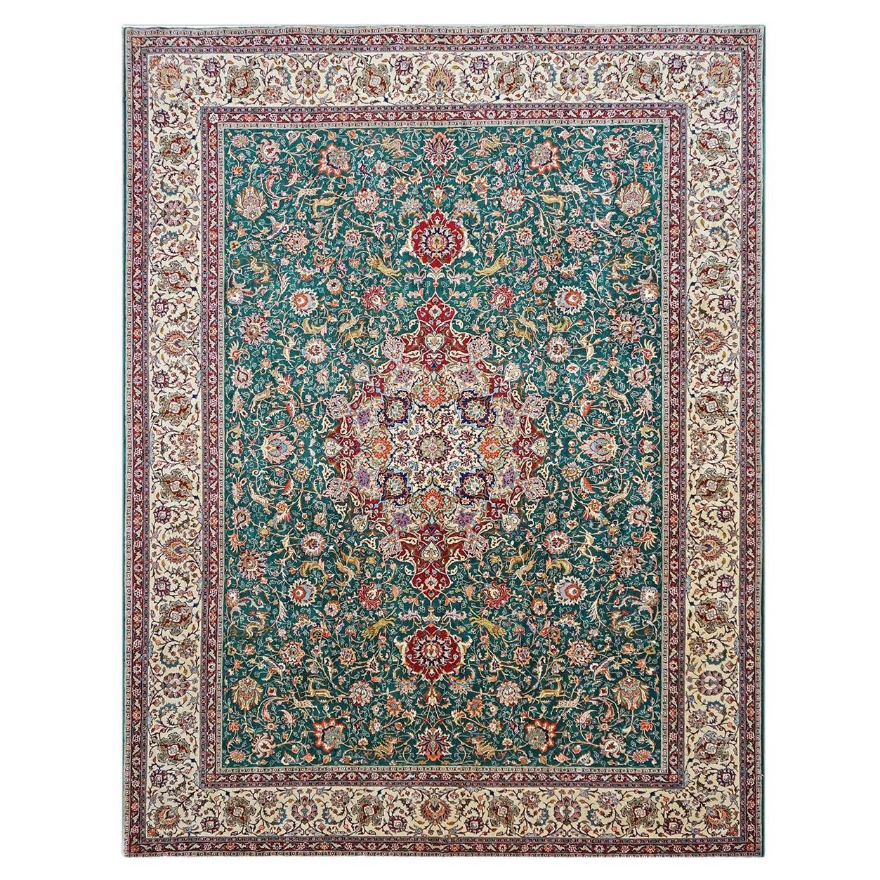 Antique Persian Tabriz 9x12 Green, Red, & Ivory Handmade Area Rug For Sale
