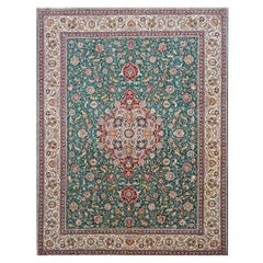 Vintage Persian Tabriz 9x12 Green, Red, & Ivory Handmade Area Rug