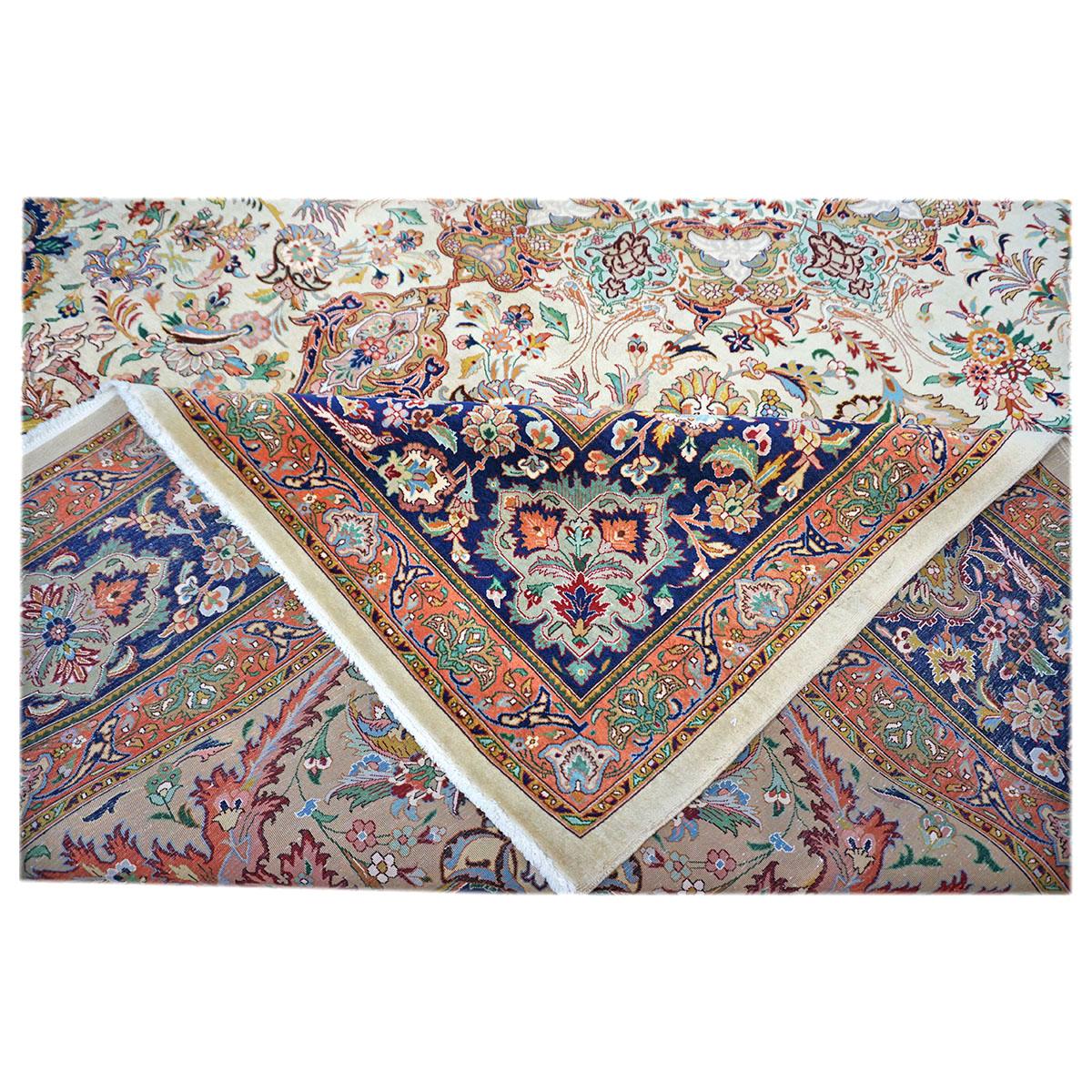Antique Persian Tabriz 9x12 Ivory, Peach, & Navy Handmade Area Rug For Sale 3