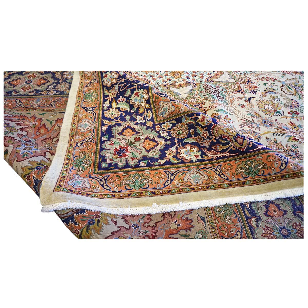Antique Persian Tabriz 9x12 Ivory, Peach, & Navy Handmade Area Rug For Sale 4