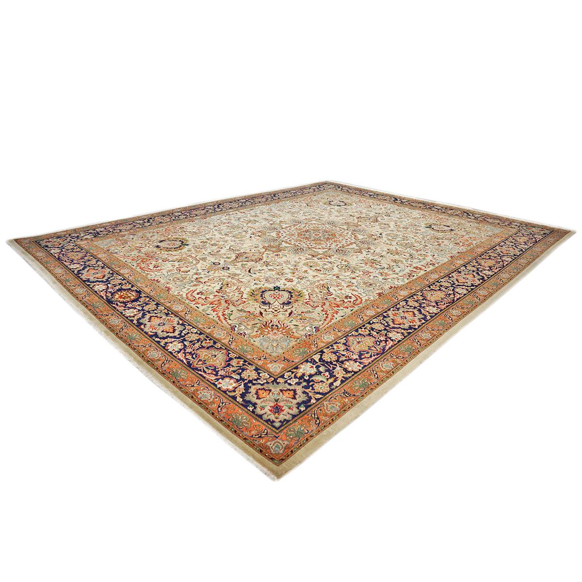 Antike persische Tabriz 9x12 Elfenbein, Pfirsich, & Marine handgefertigten Bereich Teppich (Handgewebt) im Angebot
