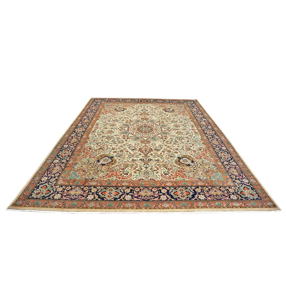 Hand-Woven Antique Persian Tabriz 9x12 Ivory, Peach, & Navy Handmade Area Rug For Sale