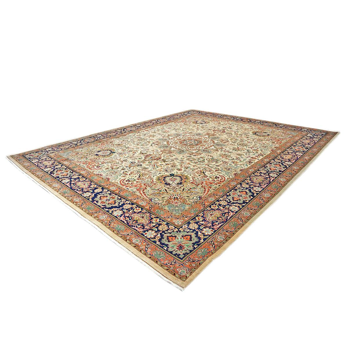 Mid-20th Century Antique Persian Tabriz 9x12 Ivory, Peach, & Navy Handmade Area Rug For Sale