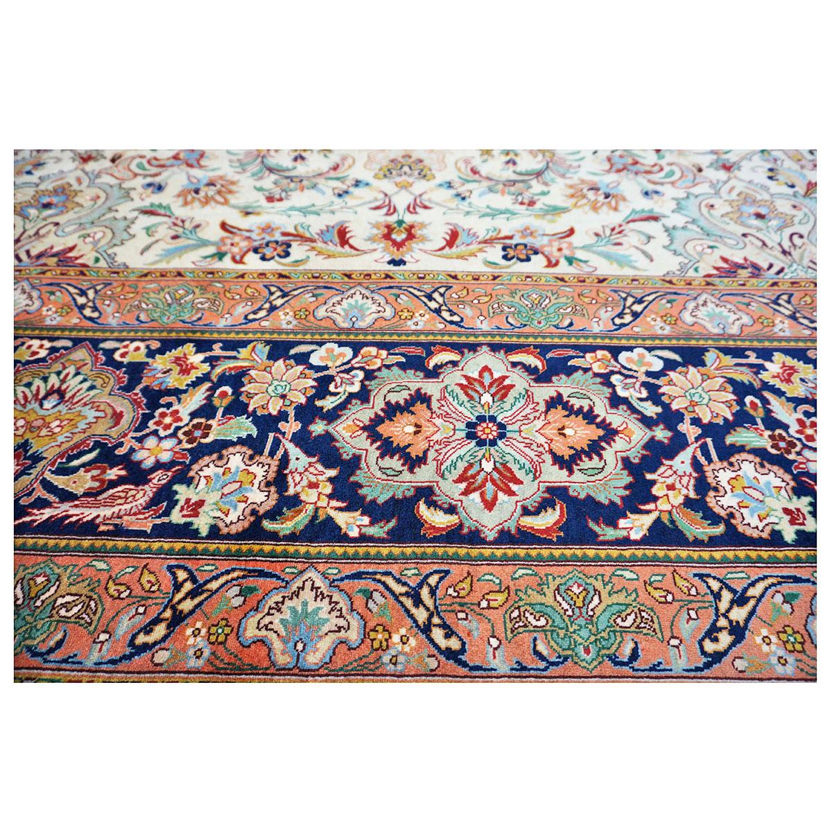 Wool Antique Persian Tabriz 9x12 Ivory, Peach, & Navy Handmade Area Rug For Sale