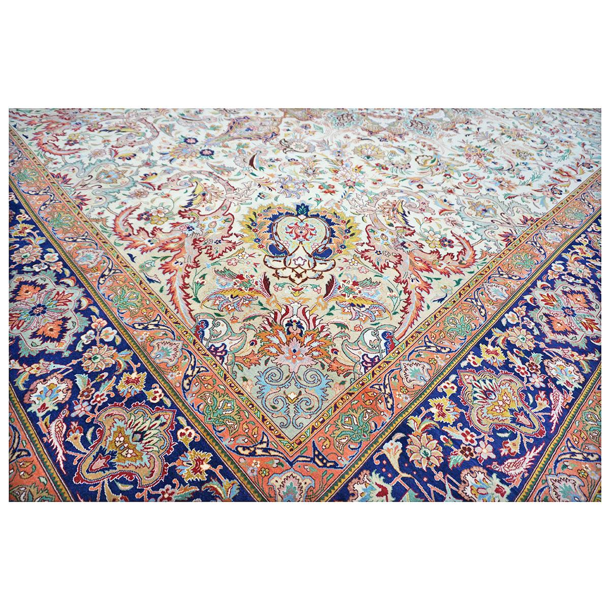 Antique Persian Tabriz 9x12 Ivory, Peach, & Navy Handmade Area Rug For Sale 1