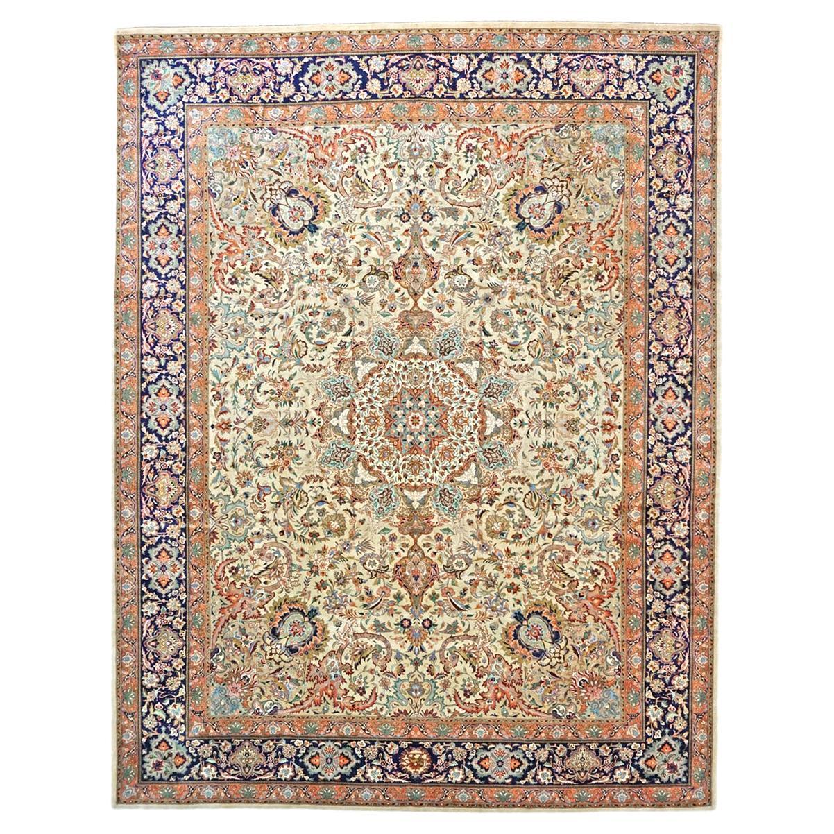 Antike persische Tabriz 9x12 Elfenbein, Pfirsich, & Marine handgefertigten Bereich Teppich