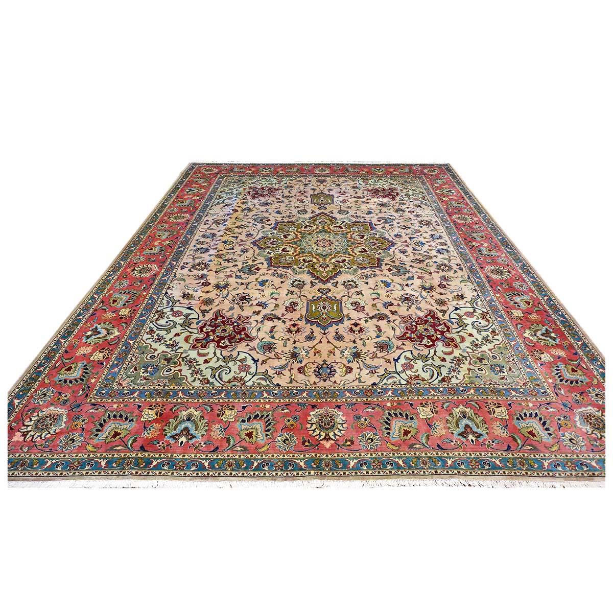 Hand-Woven Antique Persian Tabriz 9x12 Red, Green, & Ivory Handmade Area Rug For Sale