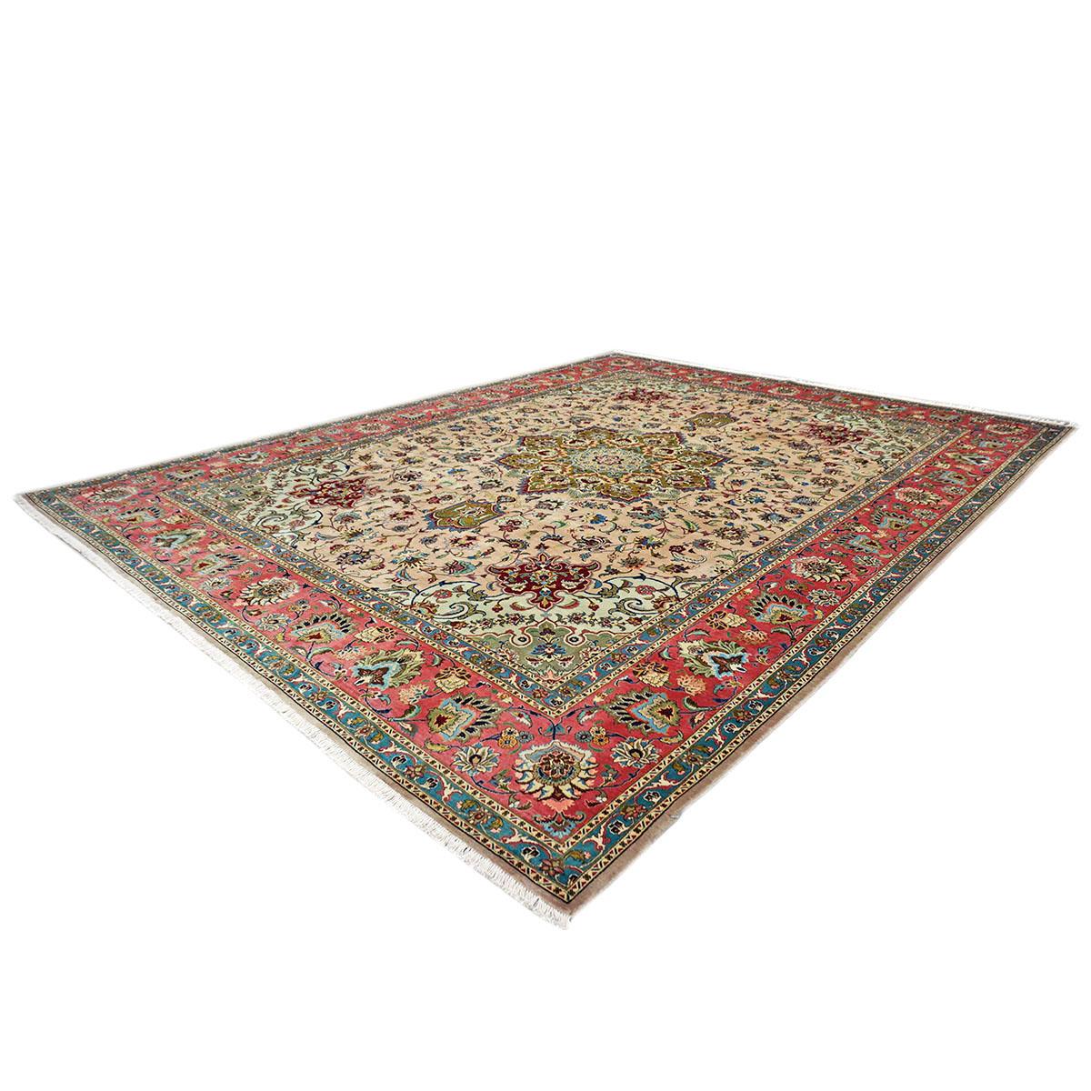 Antique Persian Tabriz 9x12 Red, Green, & Ivory Handmade Area Rug In Good Condition For Sale In Houston, TX