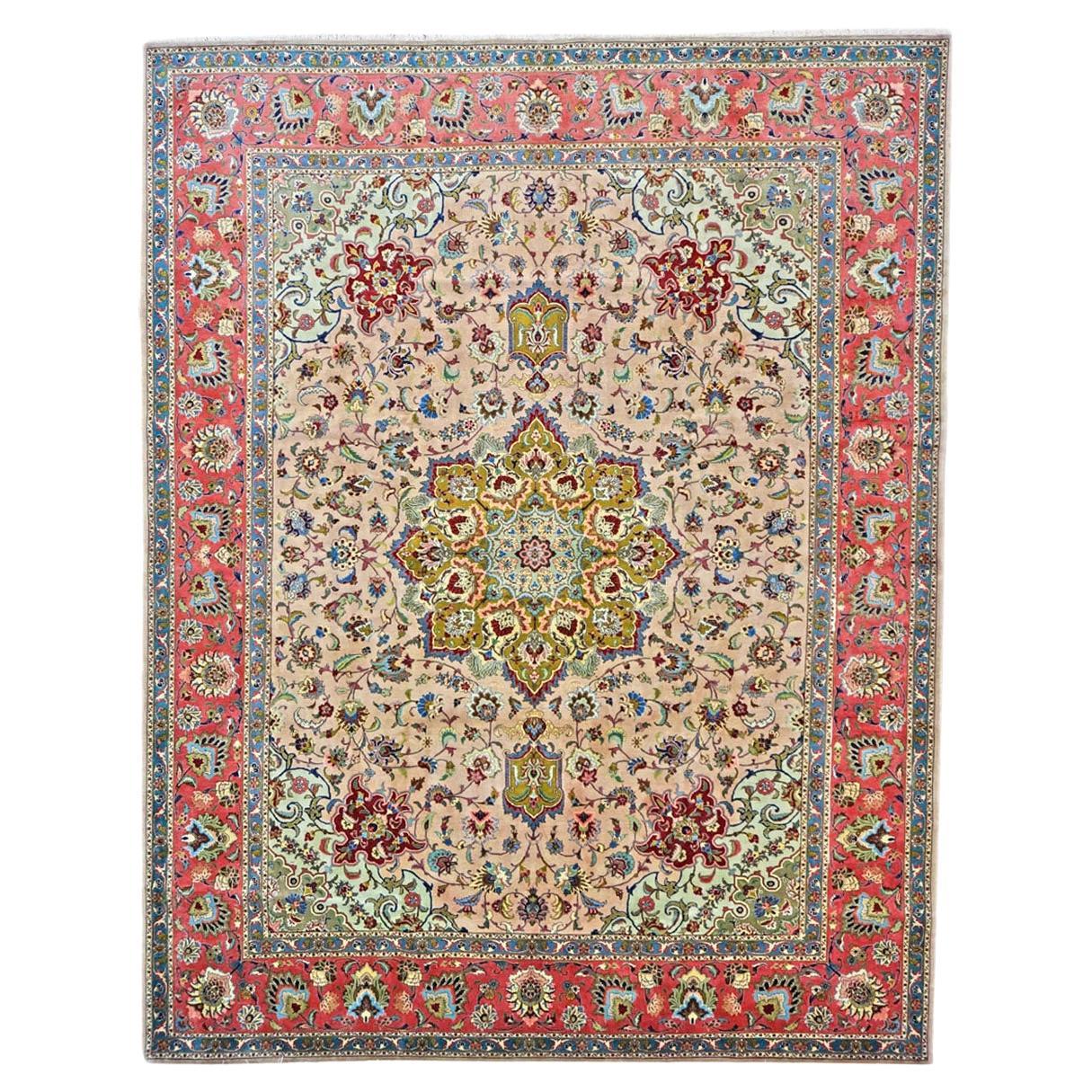 Antique Persian Tabriz 9x12 Red, Green, & Ivory Handmade Area Rug For Sale