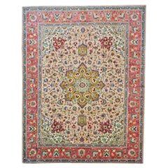 Vintage Persian Tabriz 9x12 Red, Green, & Ivory Handmade Area Rug