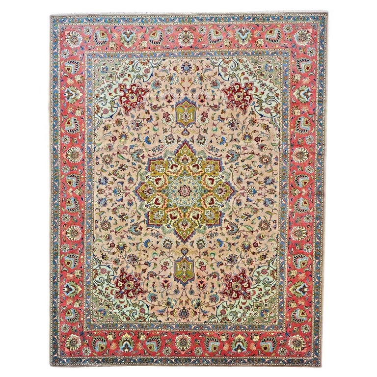 Antique Persian Tabriz 9x12 Red, Green, and Ivory Handmade Area