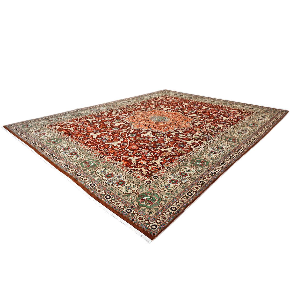 Hand-Woven Antique Persian Tabriz 9x12 Red, Ivory, & Green Handmade Area Rug For Sale