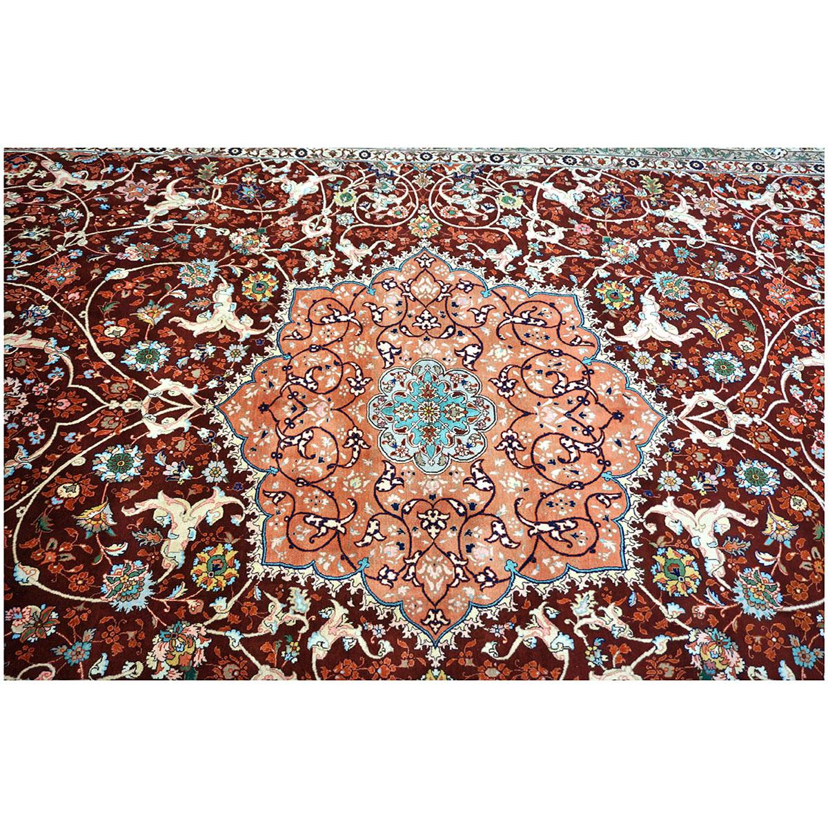 Antique Persian Tabriz 9x12 Red, Ivory, & Green Handmade Area Rug In Good Condition For Sale In Houston, TX