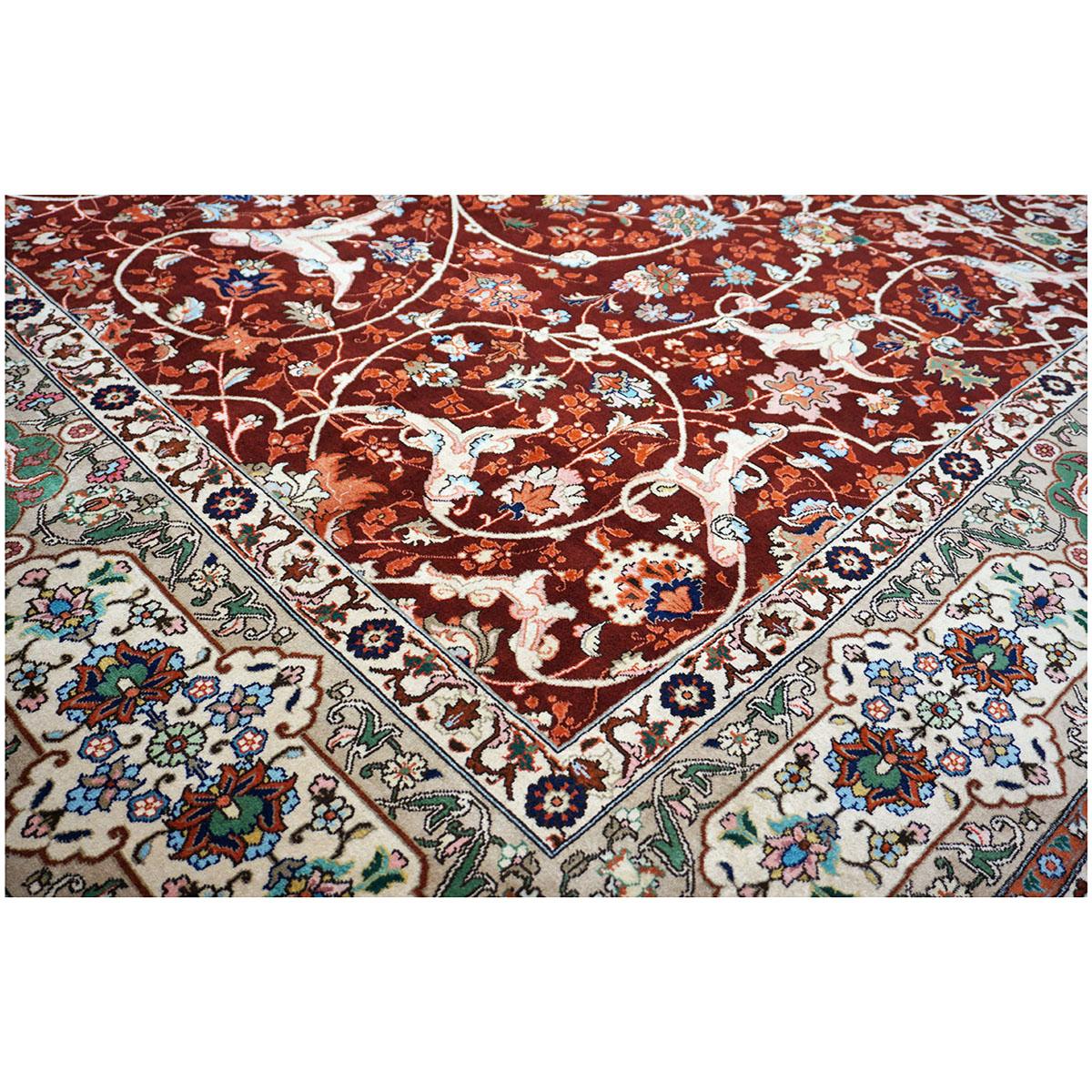 Mid-20th Century Antique Persian Tabriz 9x12 Red, Ivory, & Green Handmade Area Rug For Sale