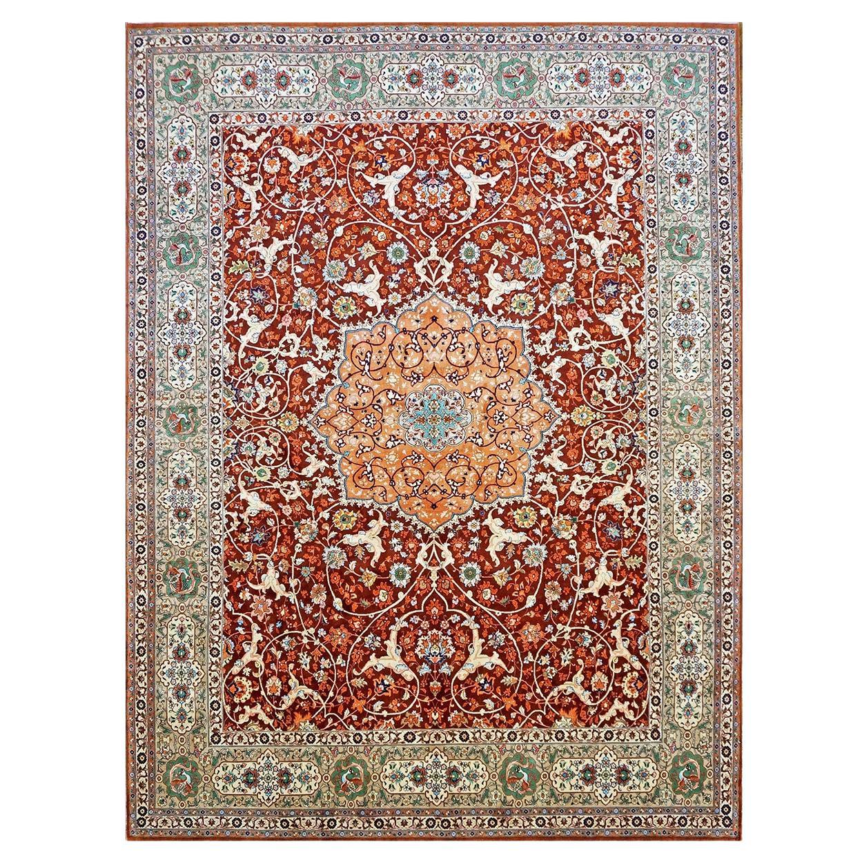 Antiker handgefertigter antiker persischer Täbris 9x12 rot, elfenbeinfarbener und grüner Teppich