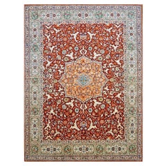 Antigua alfombra persa Tabriz 9x12 roja, marfil y verde hecha a mano
