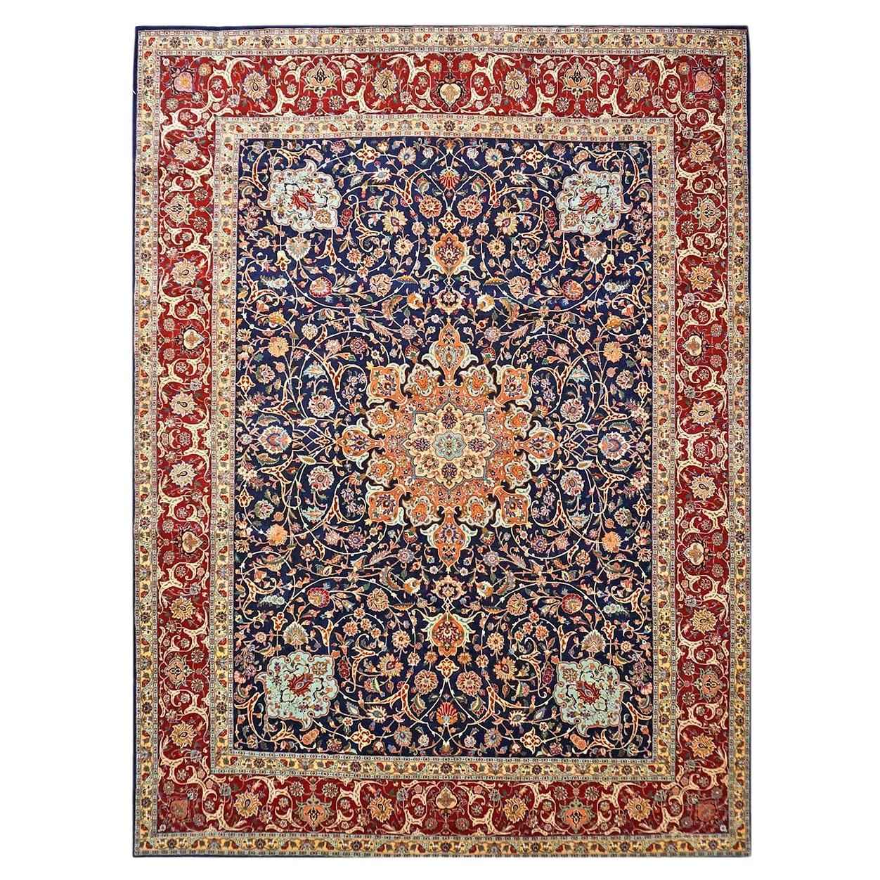 Antique Persian Tabriz Carpet with Botanical Elements in Navy Blue, Red