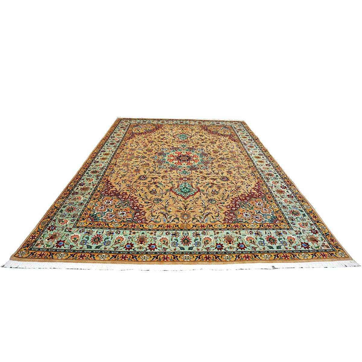Antique Persian Tabriz 9x13 Tan, Blue, & Yellow Handmade Area Rug In Good Condition In Houston, TX