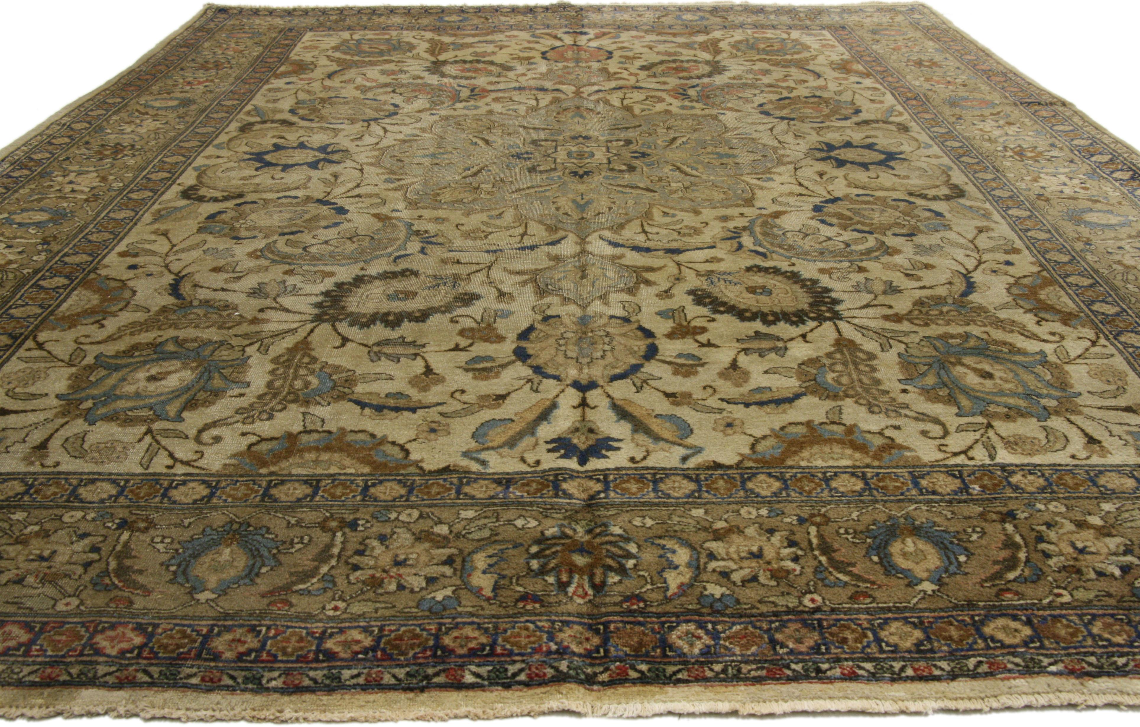 Hand-Knotted Distressed Antique Persian Tabriz Area Rug with Traditional Style For Sale