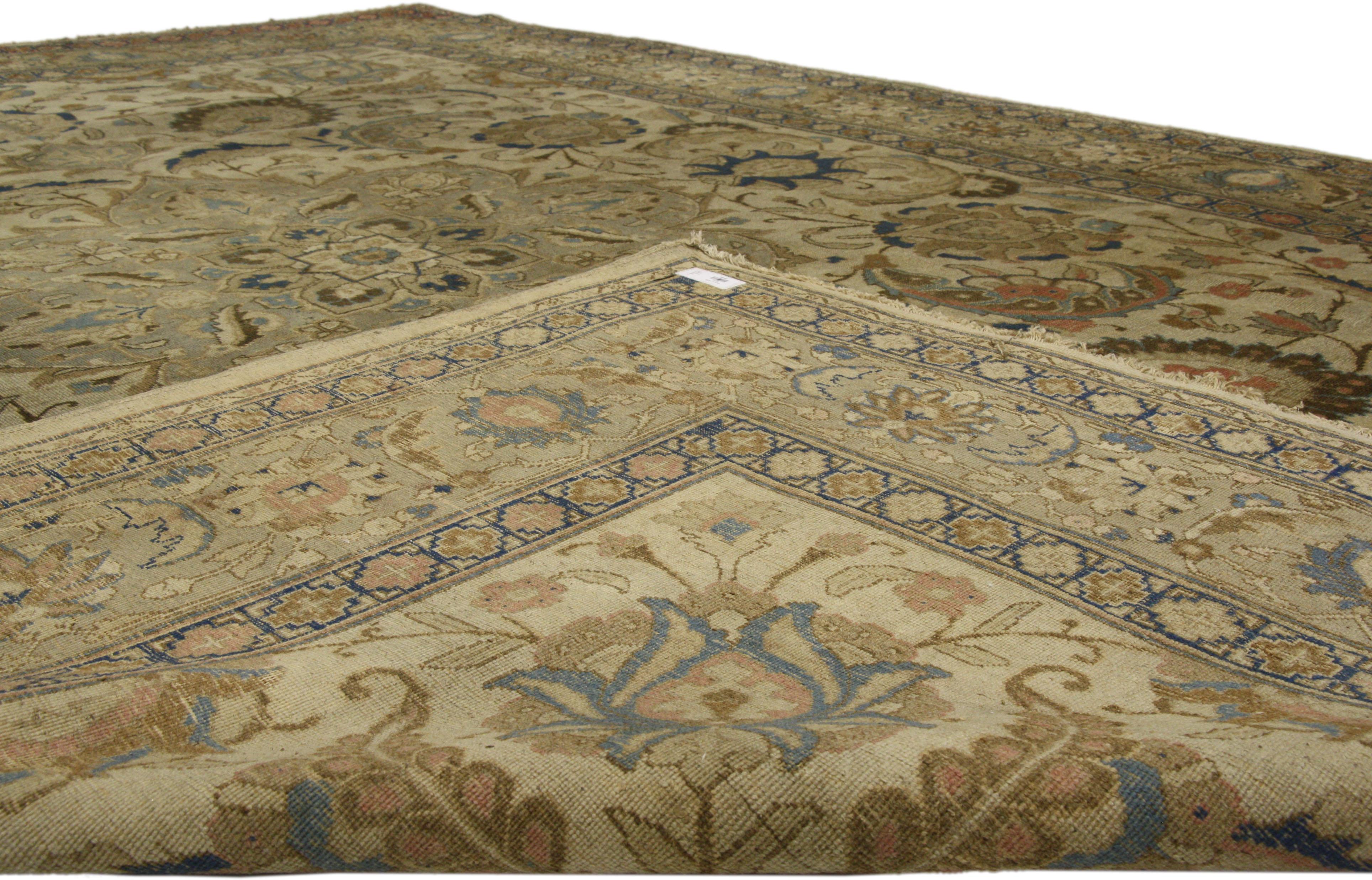 Distressed Antique Persian Tabriz Area Rug with Traditional Style In Distressed Condition For Sale In Dallas, TX