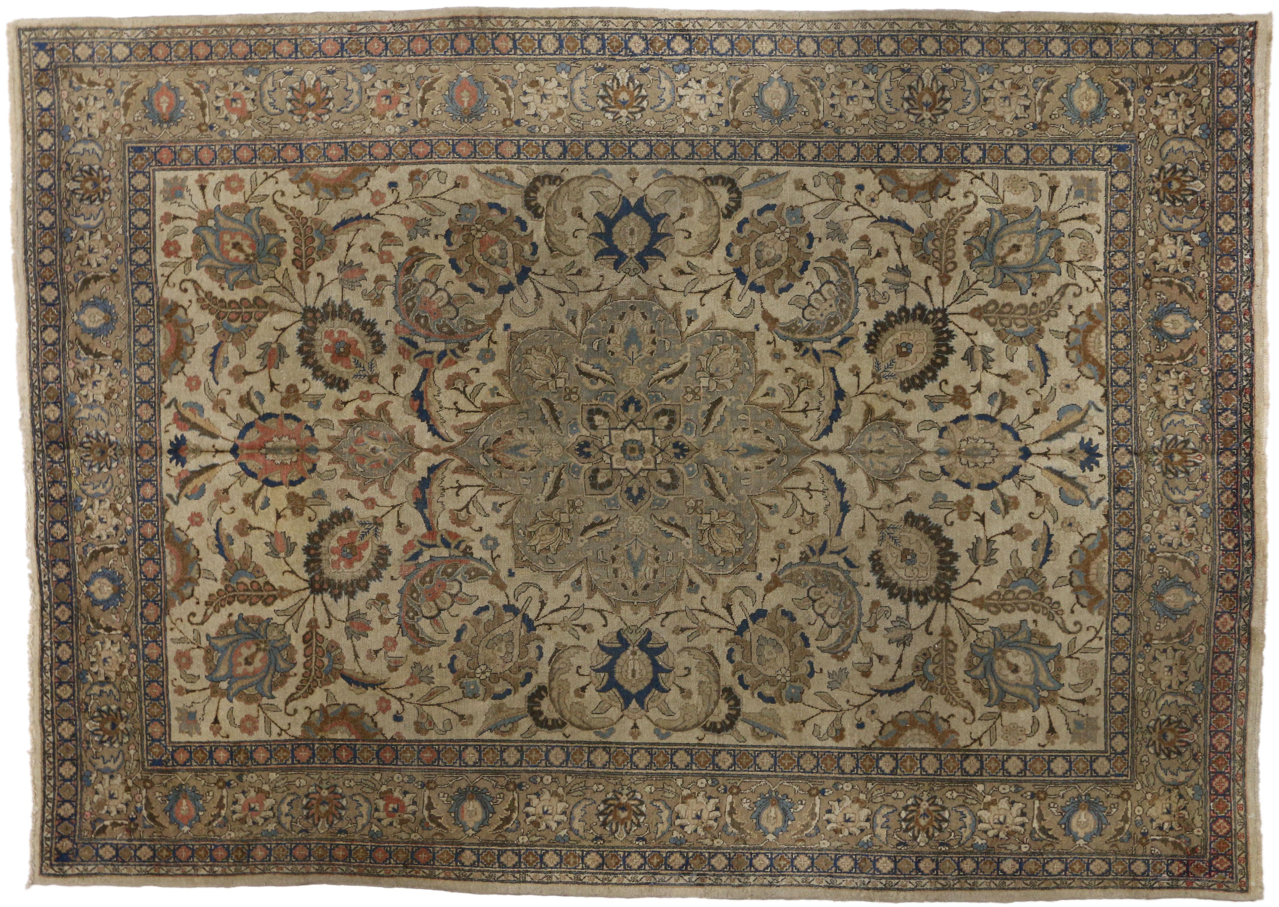 20th Century Distressed Antique Persian Tabriz Area Rug with Traditional Style For Sale