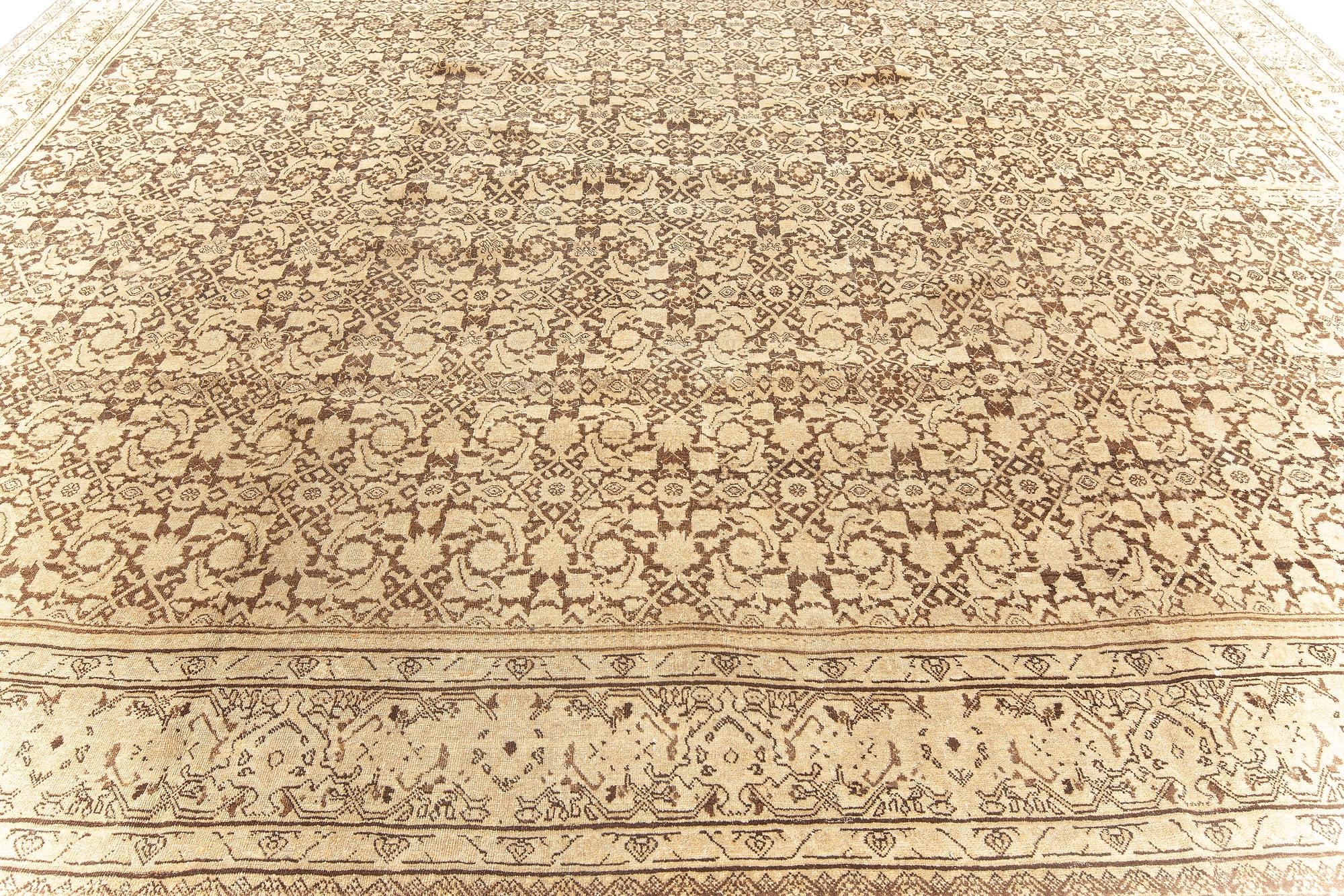 Antique Persian Tabriz Brown Handmade Wool Rug For Sale 3