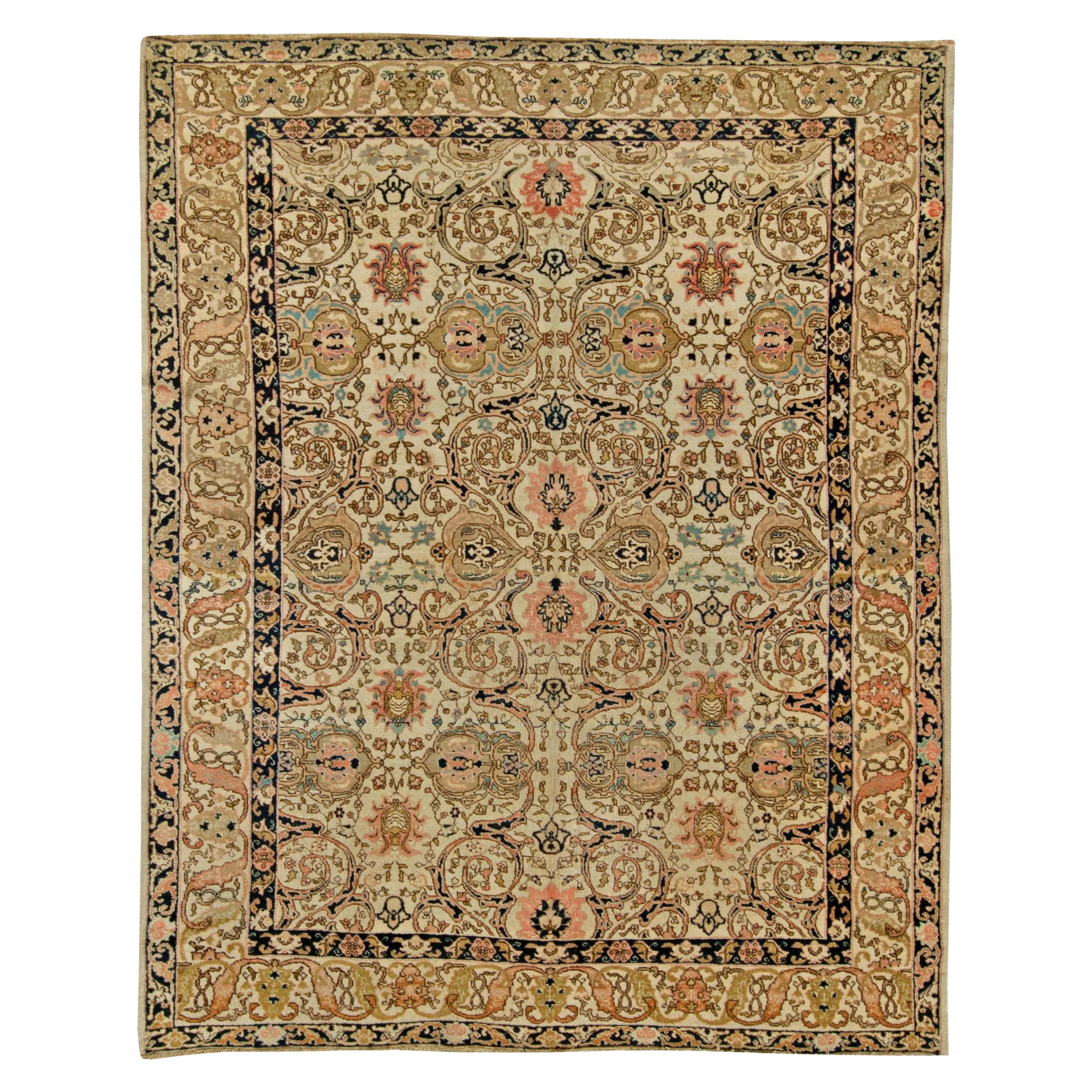 Antique Sarouk Salmon and Blue Wool Persian Rug For Sale at 1stdibs
