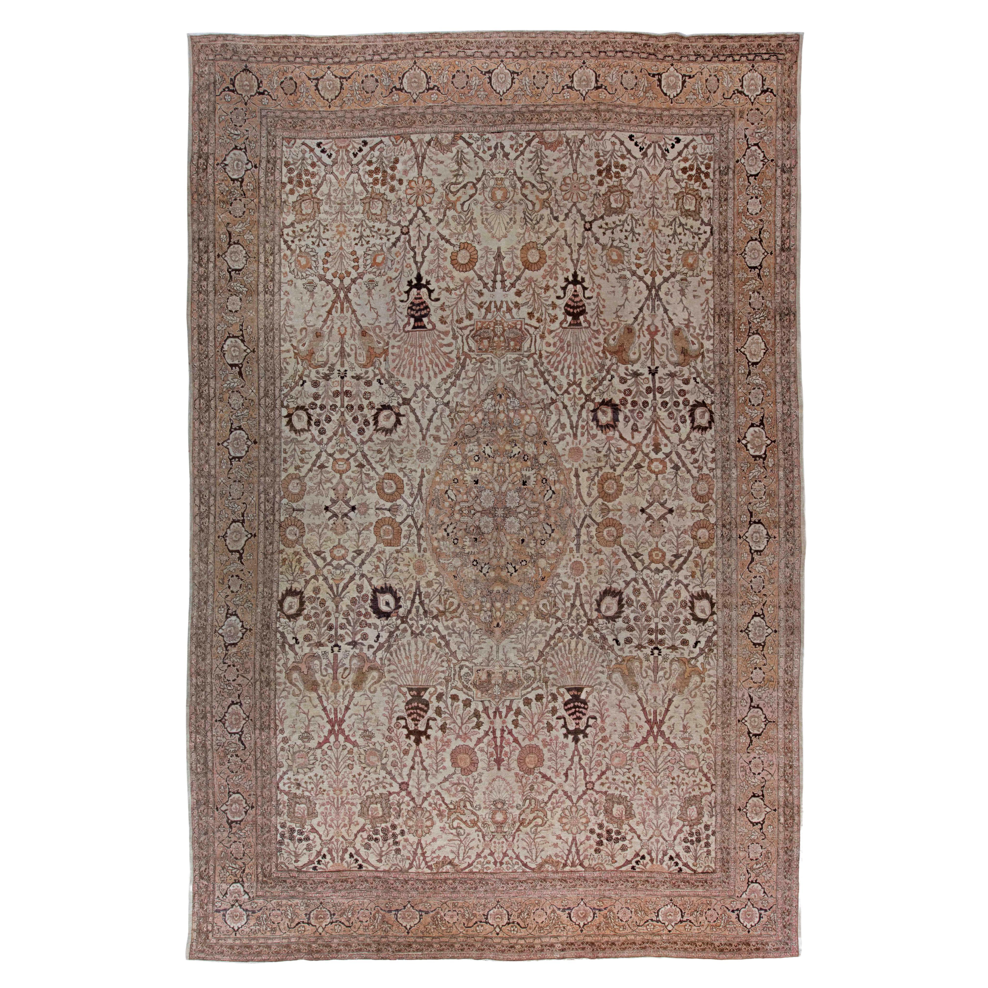 Antique Persian Tabriz Botanic Handmade Wool Rug