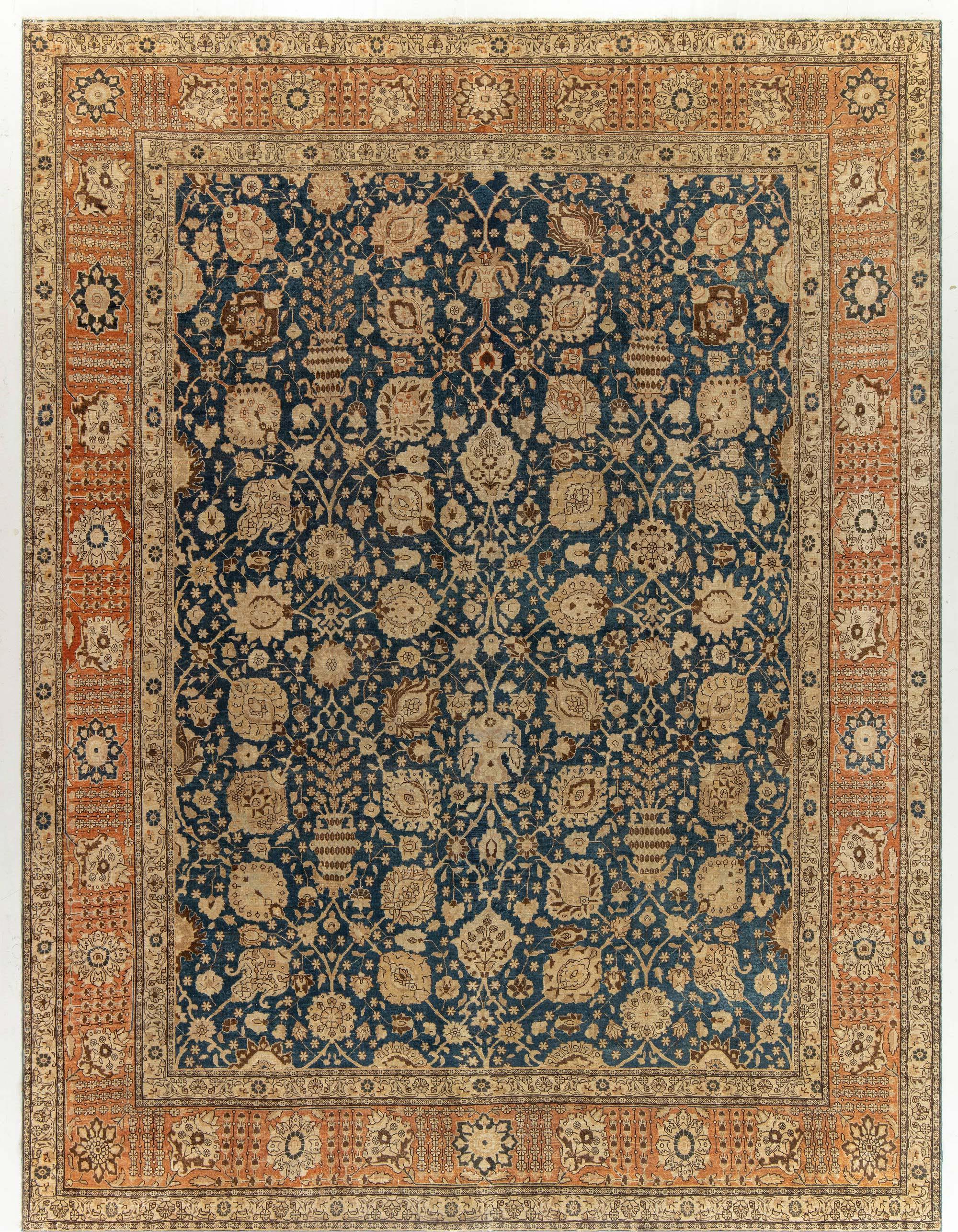 Antique Persian Tabriz Botanic Handmade Wool Rug For Sale