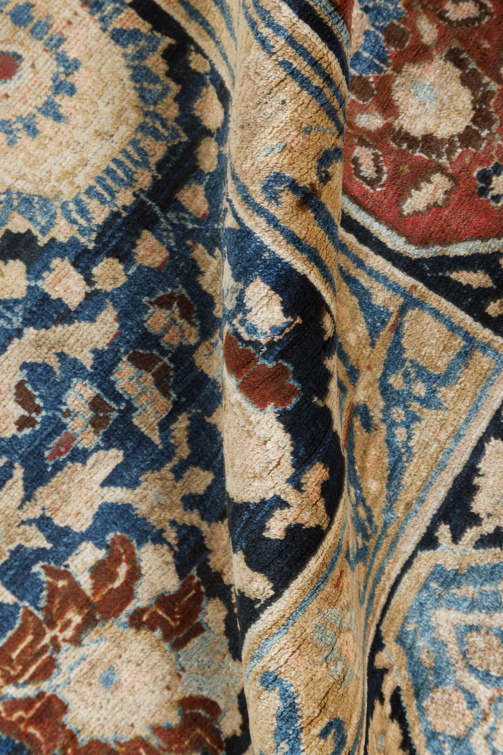 Antique Persian Tabriz Botanic Blue Red Beige Handmade Wool Carpet
Size: 10'5