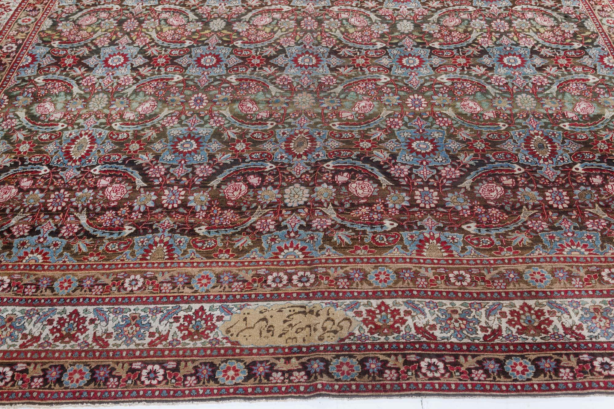 Antique Persian Tabriz Botanic Handmade Wool Rug  For Sale 2
