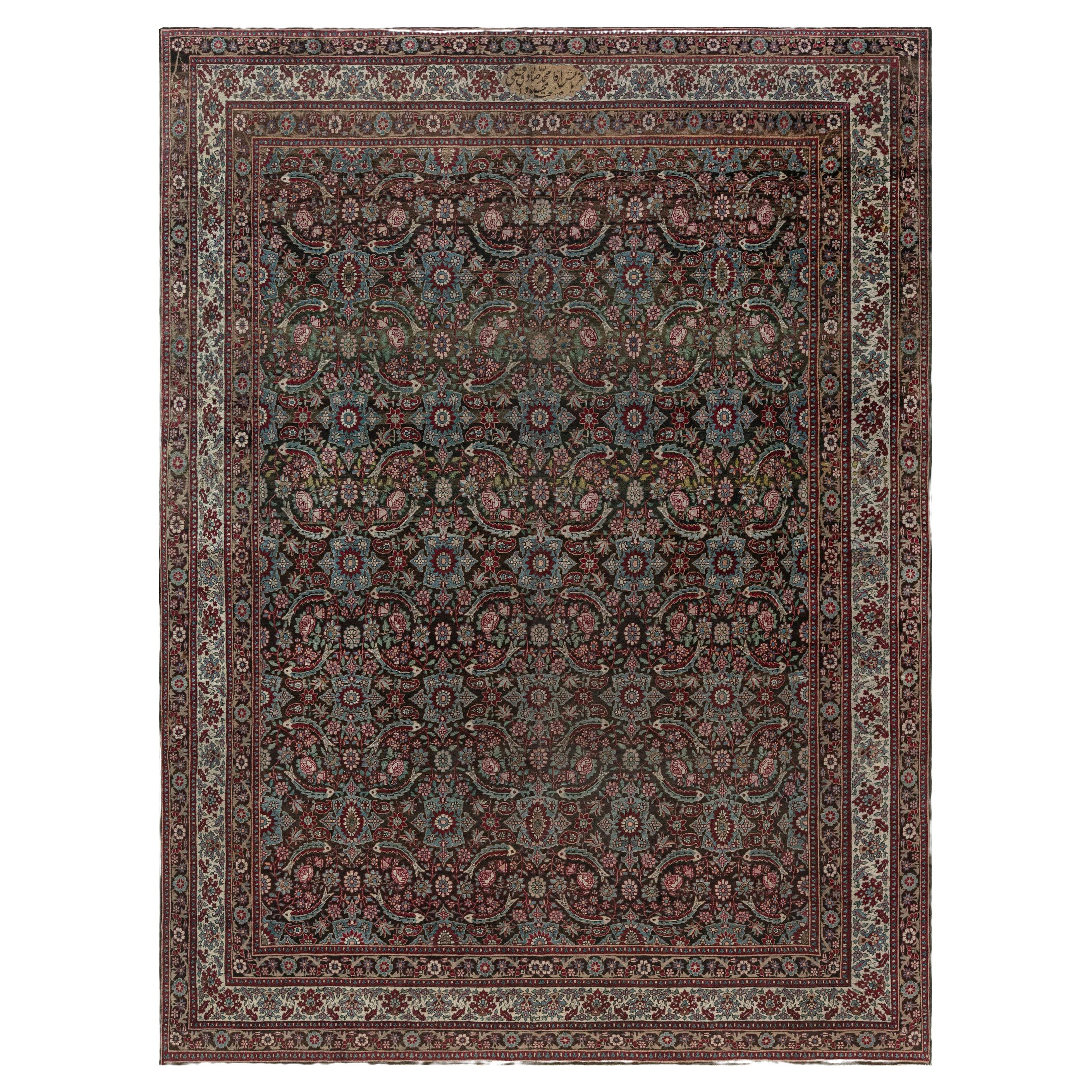 Antique Persian Tabriz Botanic Handmade Wool Rug 