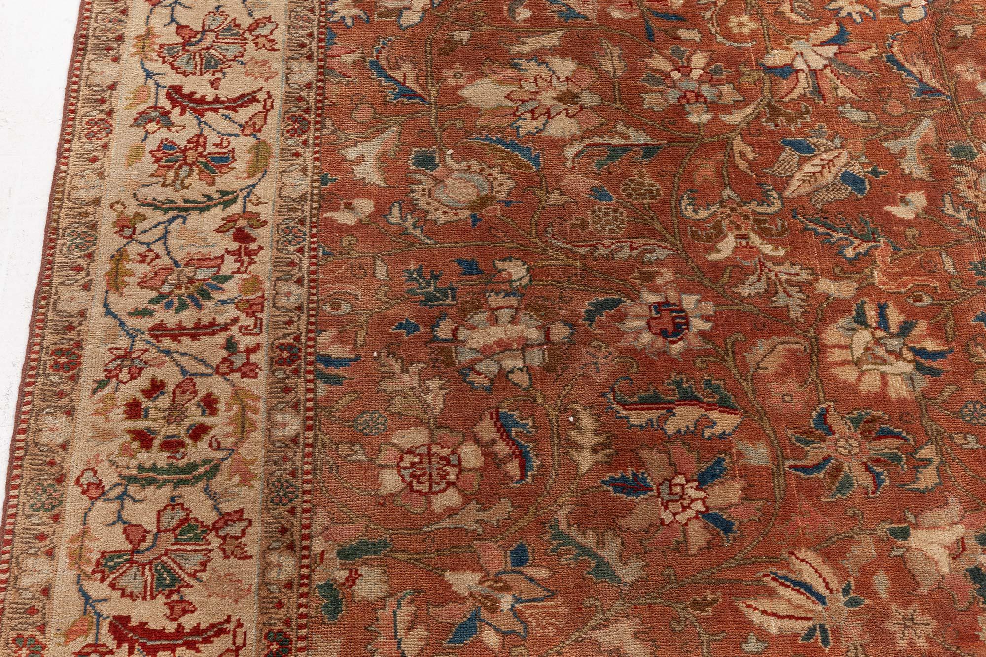 Antique Persian Tabriz Brown Botanic Handmade Wool Rug In Good Condition For Sale In New York, NY
