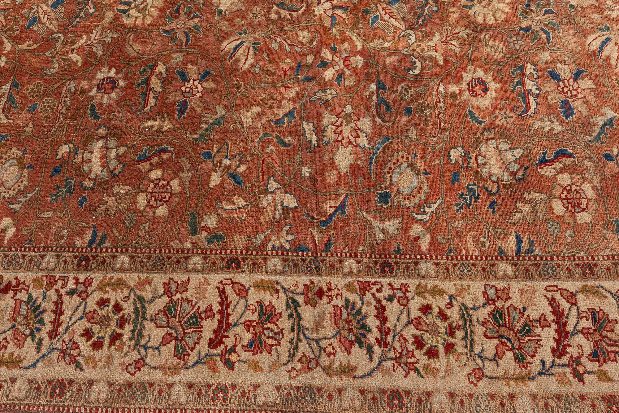 20th Century Antique Persian Tabriz Brown Botanic Handmade Wool Rug For Sale