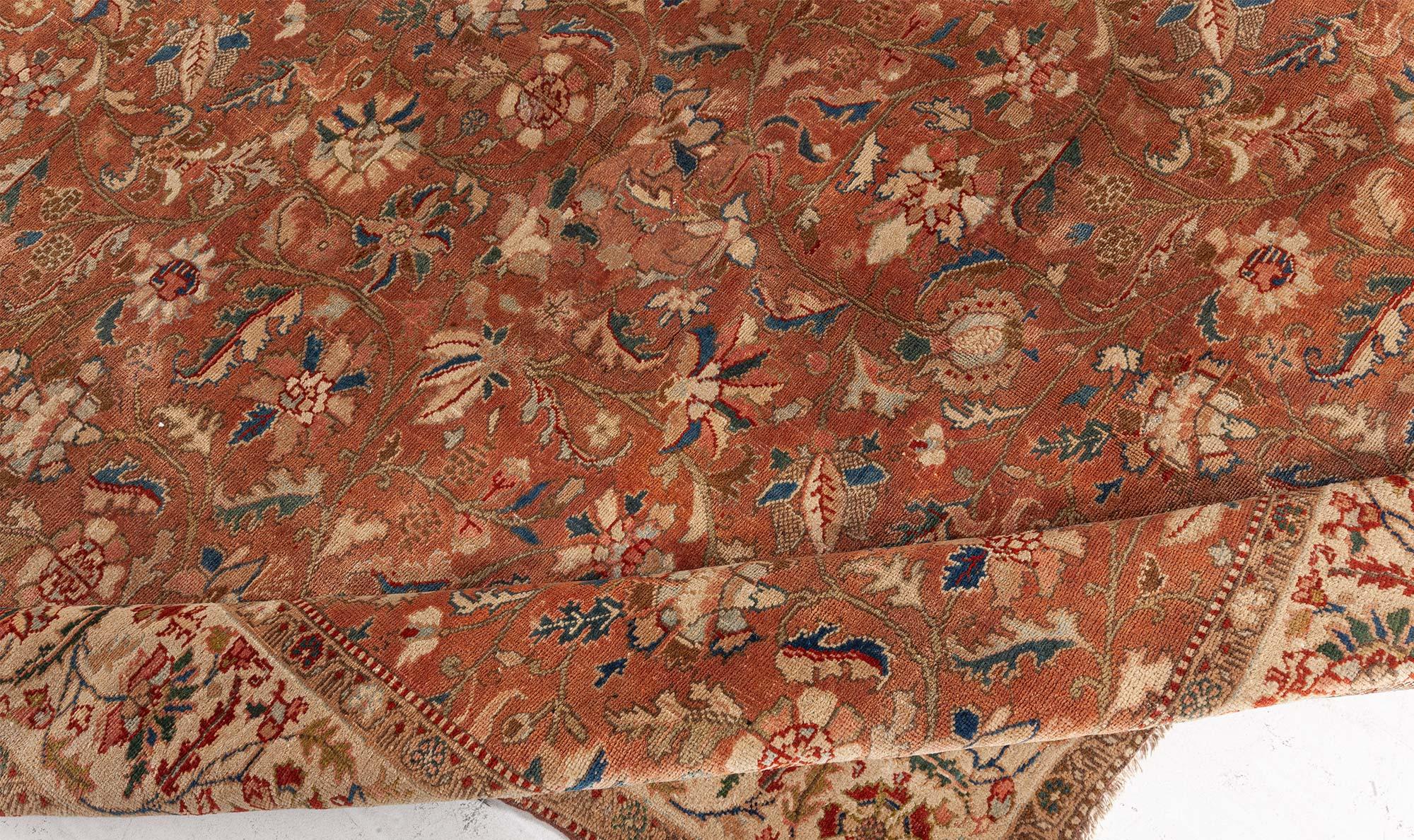 Antique Persian Tabriz Brown Botanic Handmade Wool Rug For Sale 2