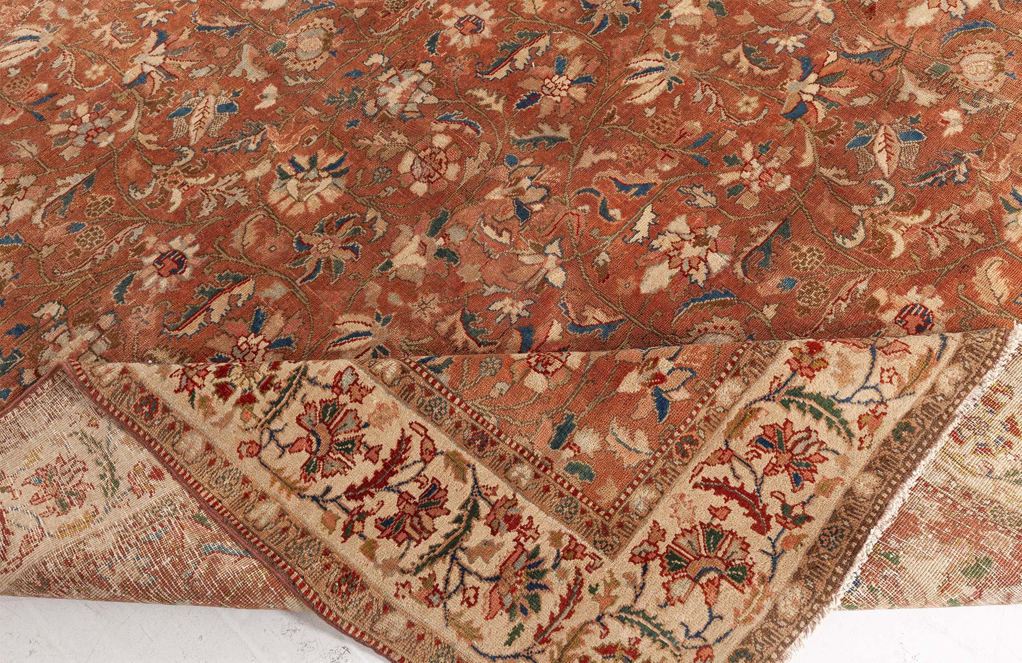Antique Persian Tabriz Brown Botanic Handmade Wool Rug For Sale 3