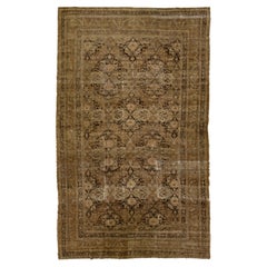 Antique Persian Tabriz Brown Wool Rug Handmade with Floral Pattern
