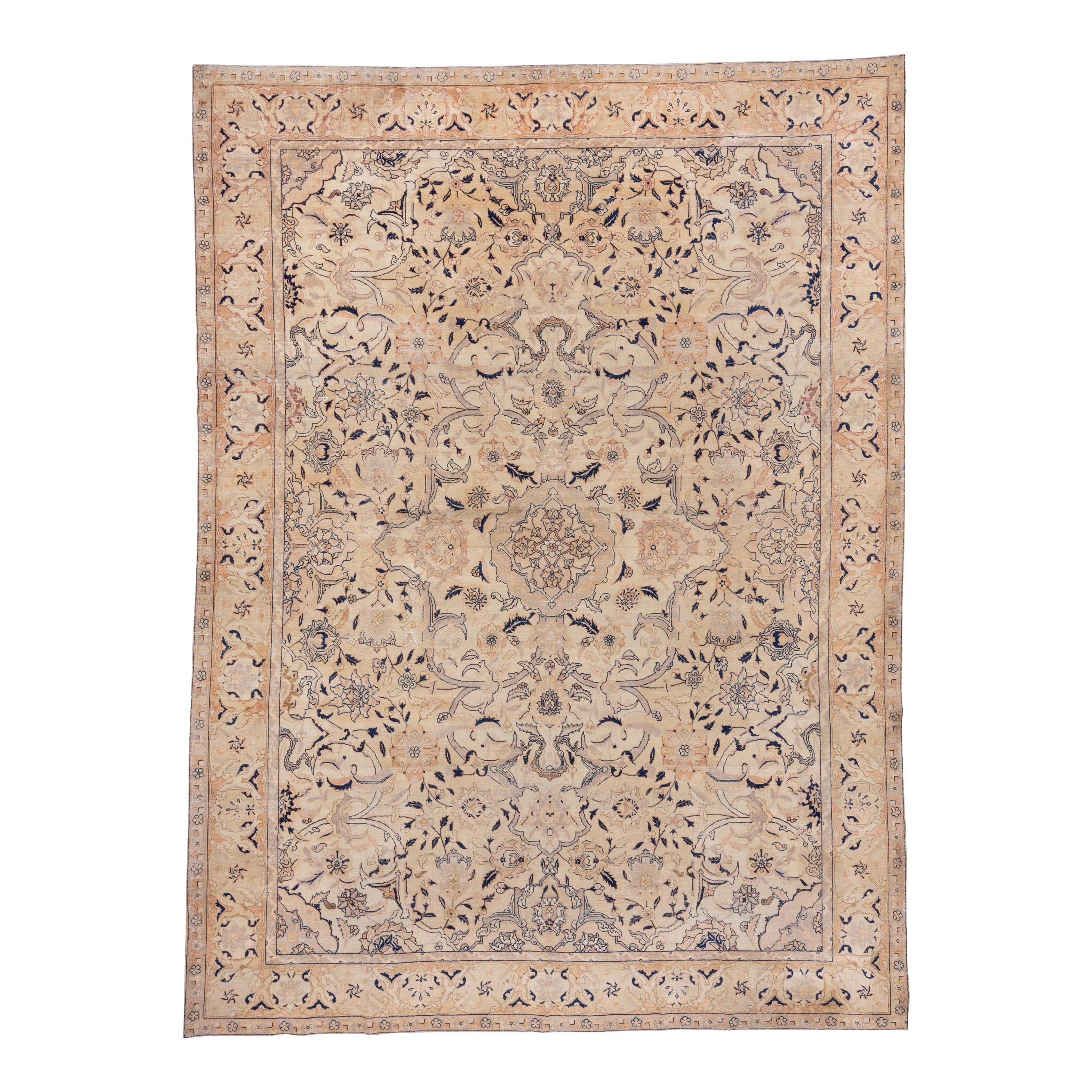 Antique Persian Tabriz Carpet, All-Over Field, Soft Palette, Navy Accents