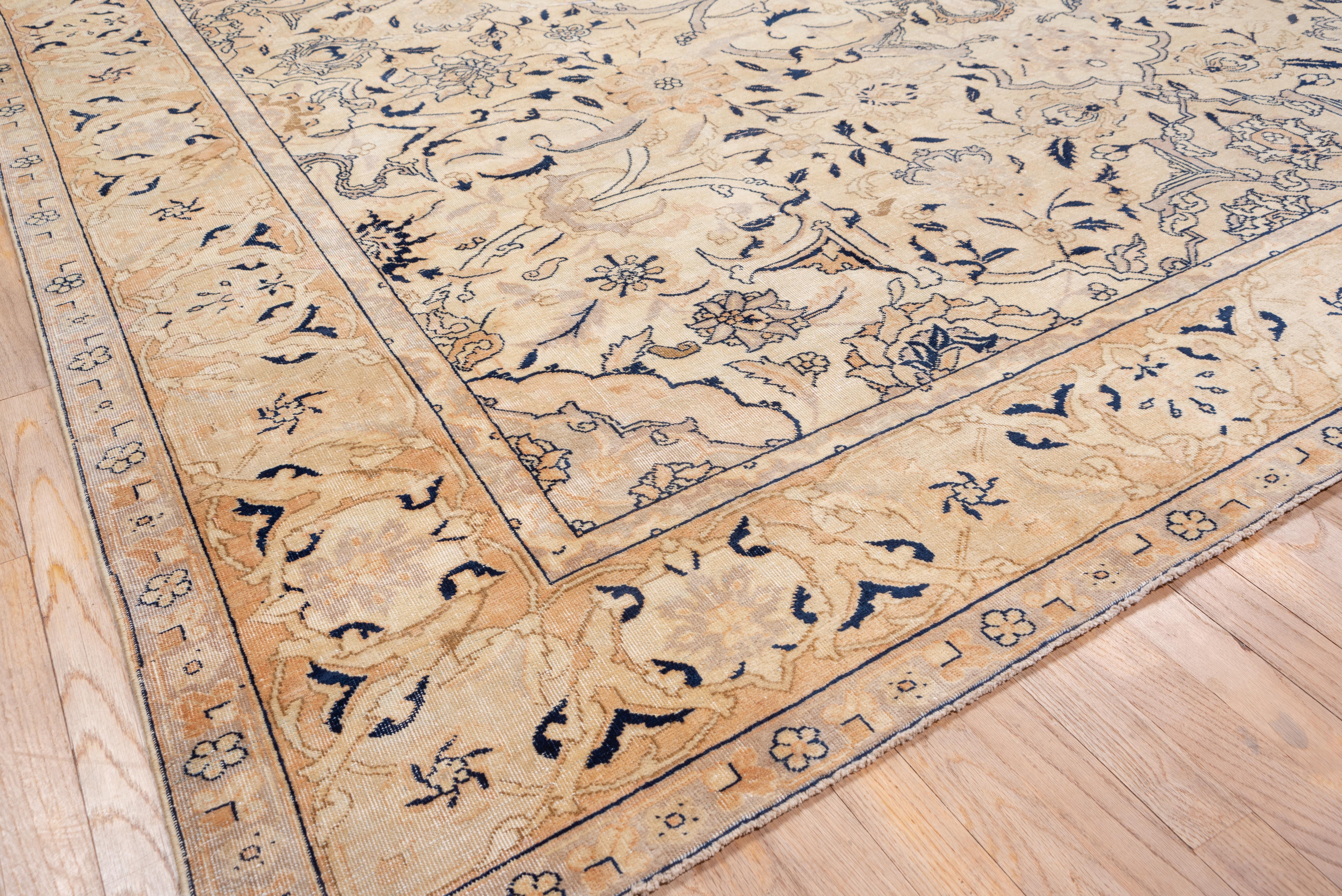 Hand-Knotted Antique Persian Tabriz Carpet, All-Over Field, Soft Palette, Navy Accents For Sale