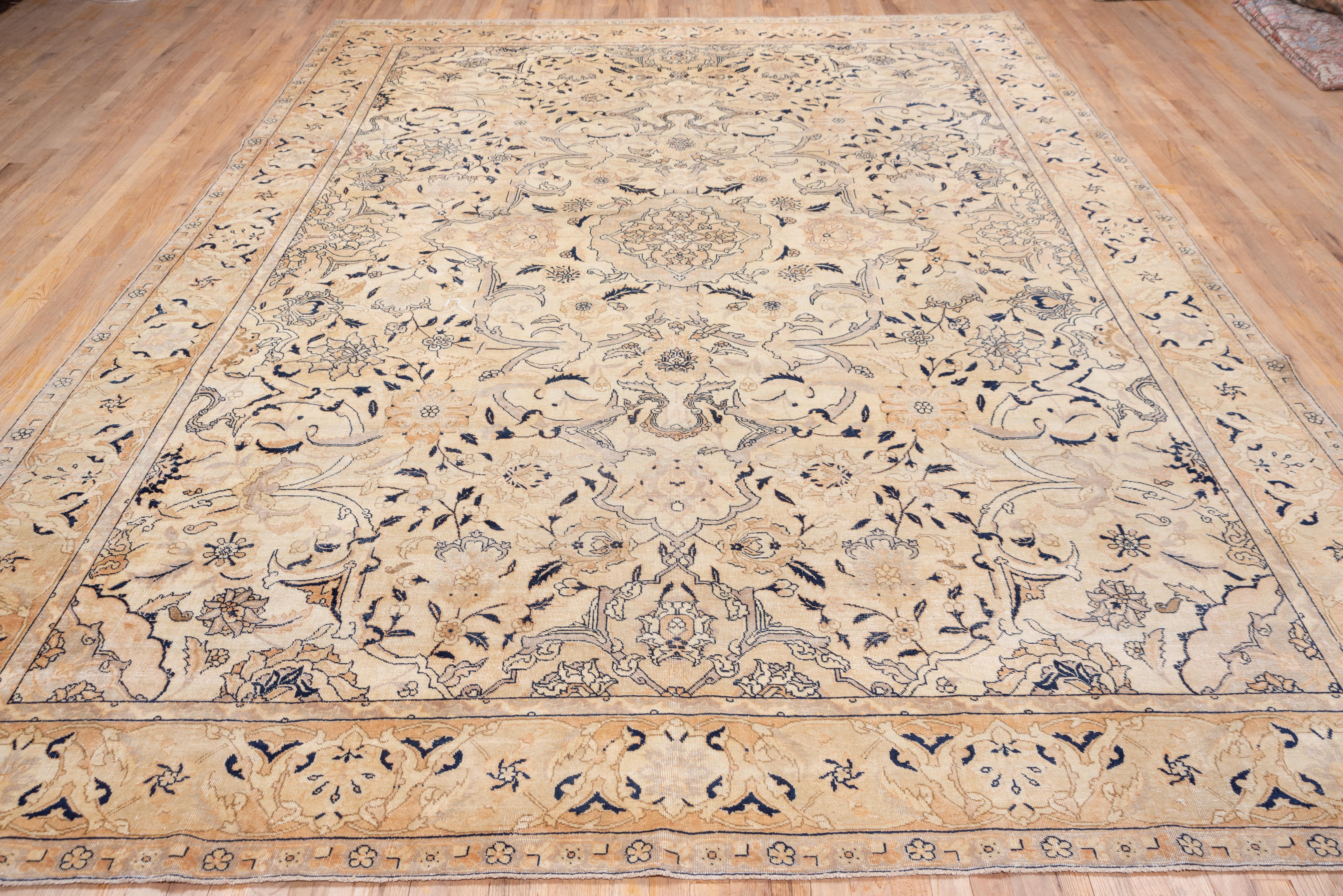 Antique Persian Tabriz Carpet, All-Over Field, Soft Palette, Navy Accents In Good Condition For Sale In New York, NY