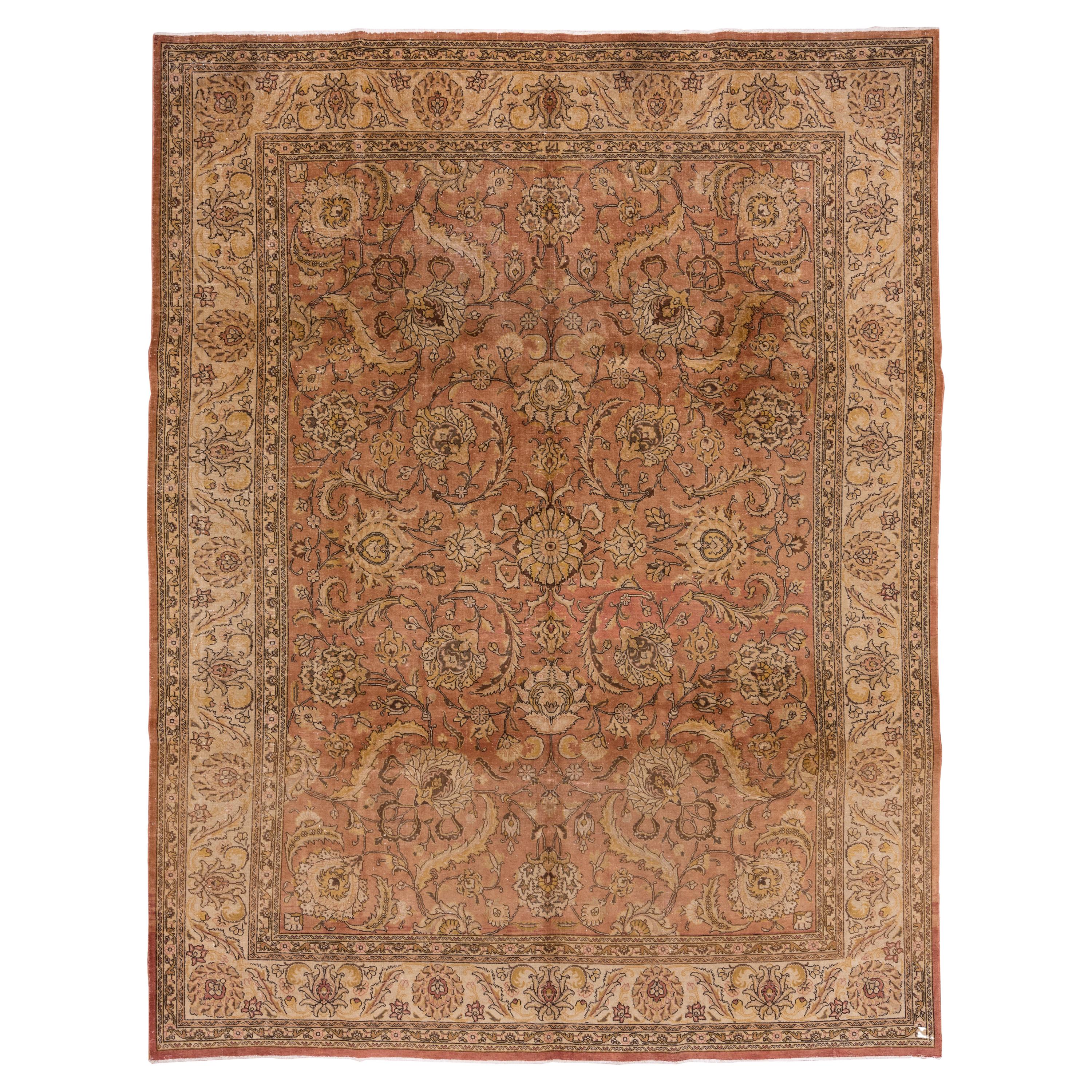 Persian Tabriz Carpet, Light Brown Field, Blue Accents at 1stDibs