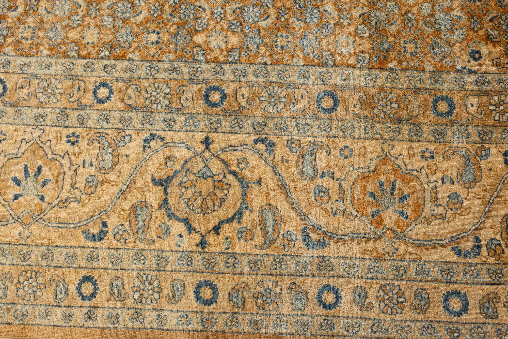 Early 20th Century Persian Tabriz Brown Blue Hand Knotted Wool Rug In Good Condition For Sale In New York, NY