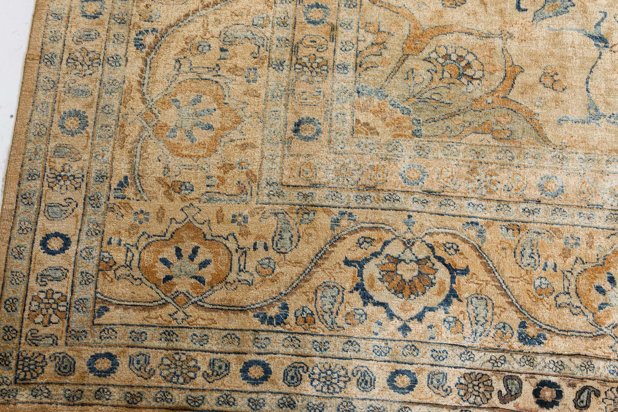 Early 20th Century Persian Tabriz Brown Blue Hand Knotted Wool Rug For Sale 1
